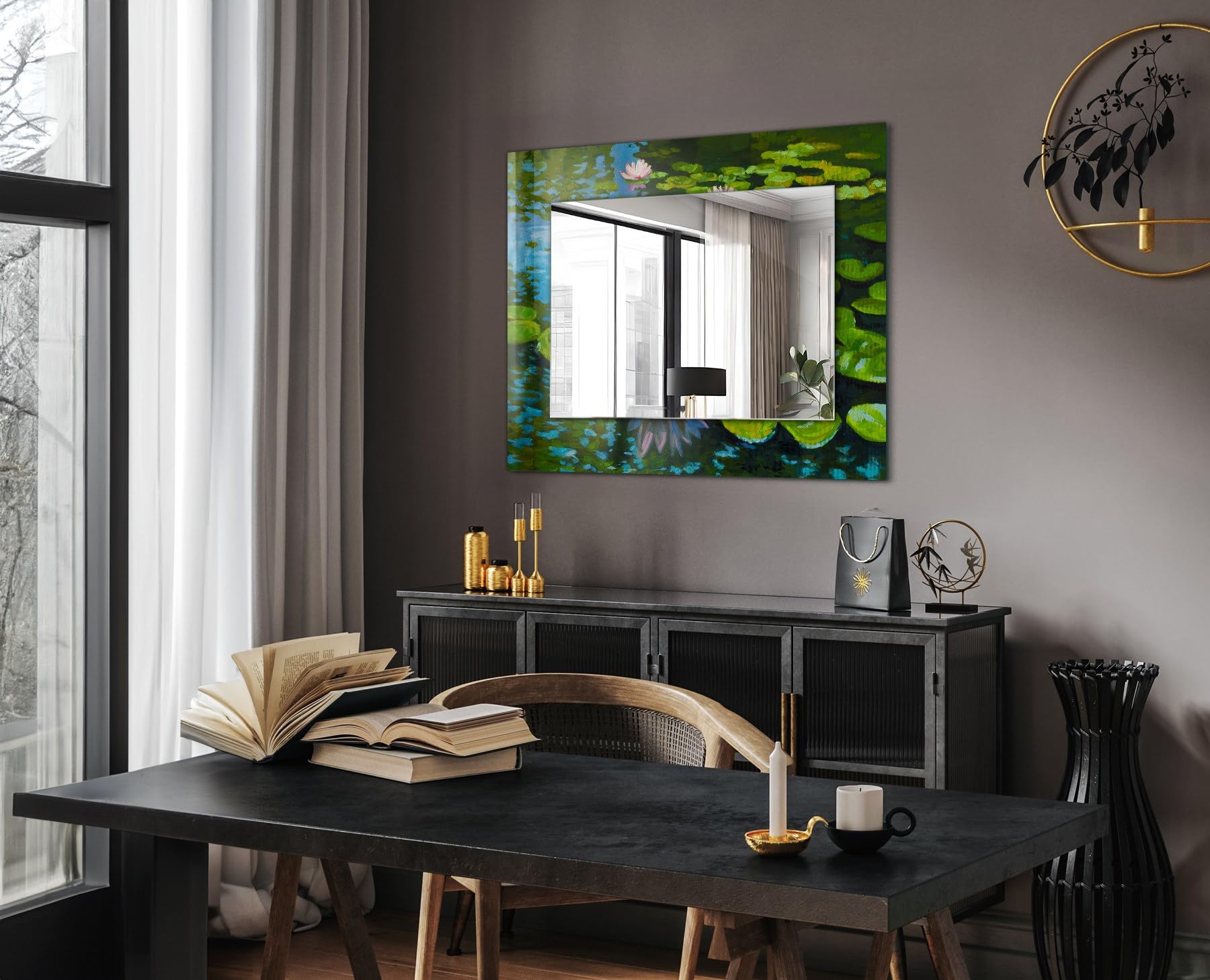 Lustro ścienne prostokątne 80 x 60 cm (31,5 cala x 23,6 cala) | szklana rama z nadrukiem nadaje się do nowoczesnych wnętrz - staw z liliami wodnymi