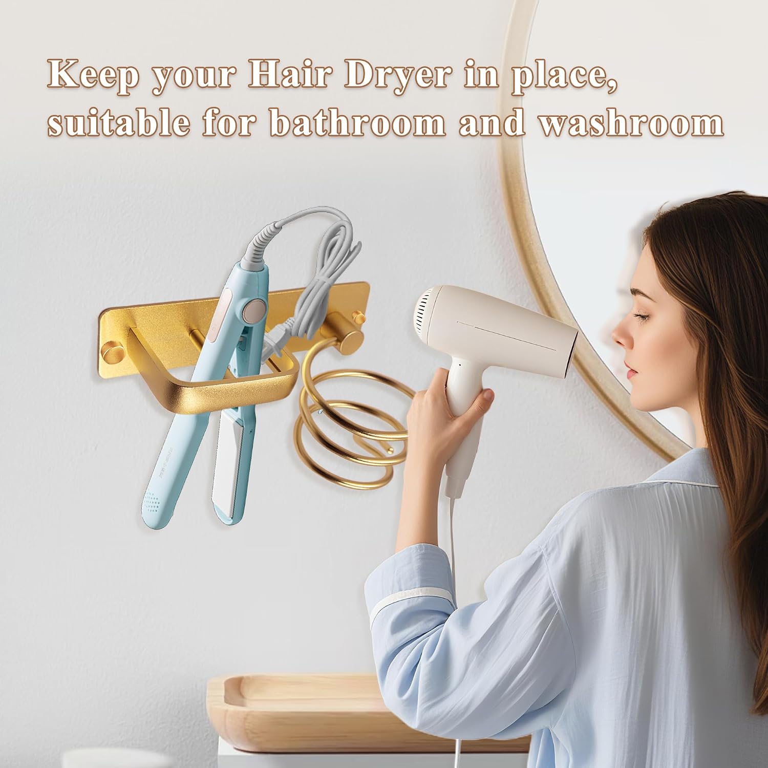 Hairdryer Holder Spiral Shelf Bracket Stand Hanger Organizer Blow Storage with Cable Tidy Rack for Bathroom Gold