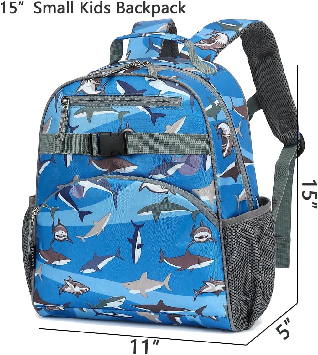 FlowFly Kids Backpack for Toddler Boys Girls, Simple Lightweight Bookbag for Daycare Kindergarten Elementary School Travel, Small Modern Bag (Medium 15''), Shark - Image 3