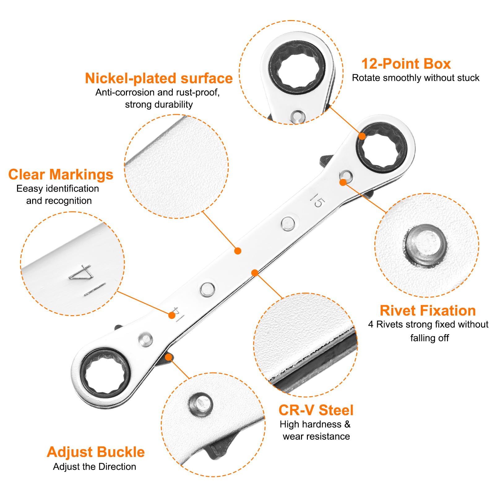 Chiave a cricchetto Reversibile a Doppia estremità 14 mm x 15 mm in Acciaio CR-V, Rotazione a 180 Gradi, metrica, Doppia Testa, 12 Punte, 24 Denti, Regolabile, Grigia