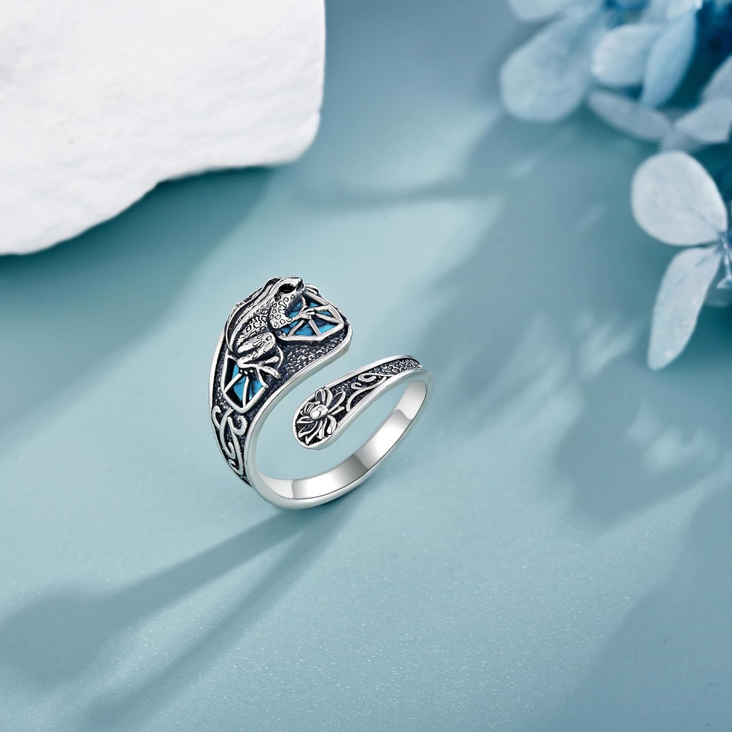 Animal Spoon Ring 925 Sterling Silver Turquoise Frog/Dragonfly/Turtle Ring Adjustable Thumb Rings Animal Jewelry Gifts for Women Mom Wife