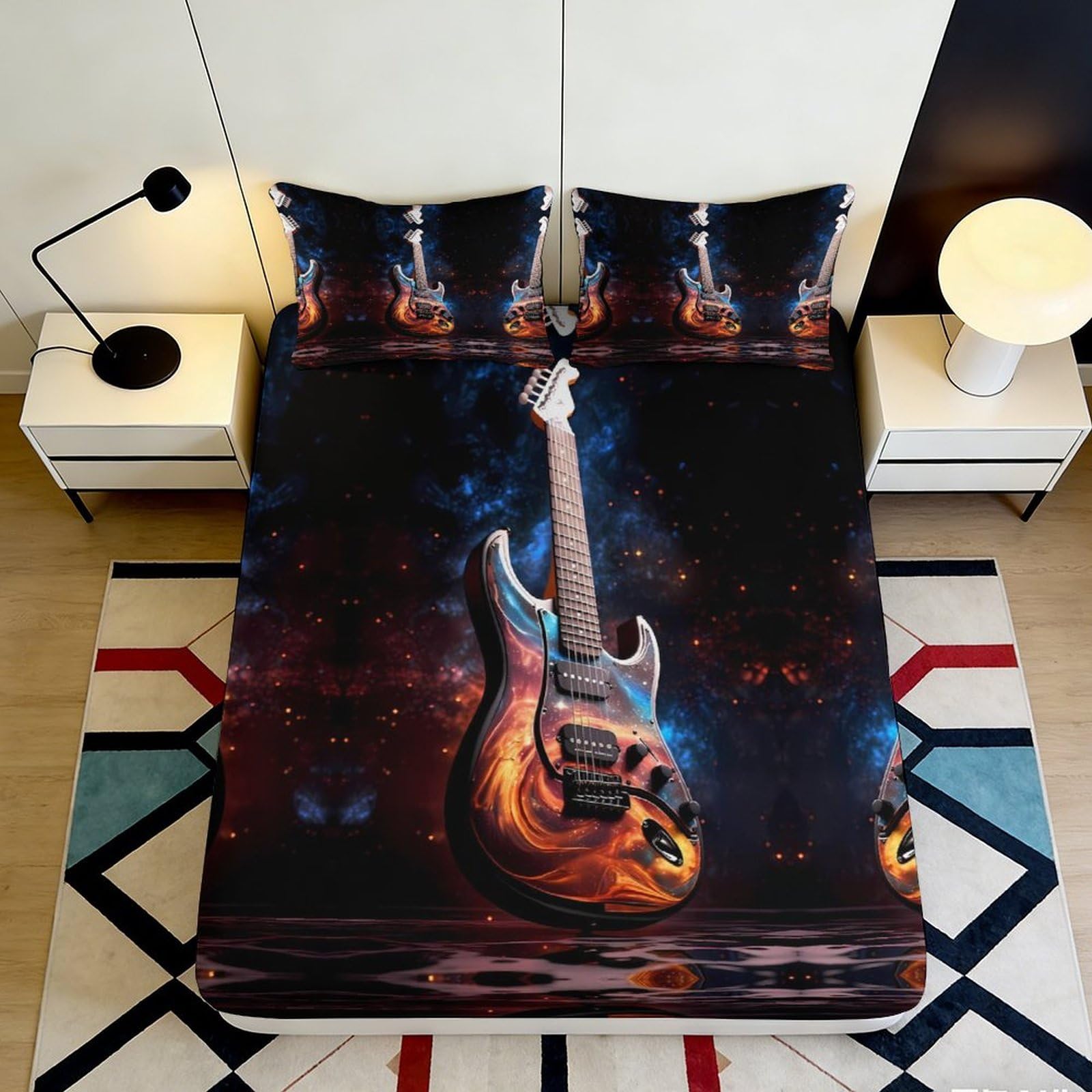 3D Printed Electric Guitar Fitted Sheet Microfiber Soft Artistic Fire Bed Cover for Bedroom Guest Room Decor Protection 90x200x25cm