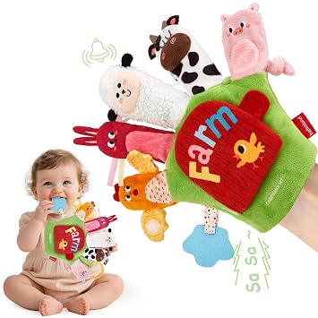 hahaland Baby Sensory Toys 6-12 Months Montessori Farm Animal Hand Puppets with Rattle, Crinkle, Teether, Mirror Multi-Sensory Infant Toys for Boys and Girls, Ideal Birthday Christmas Gift