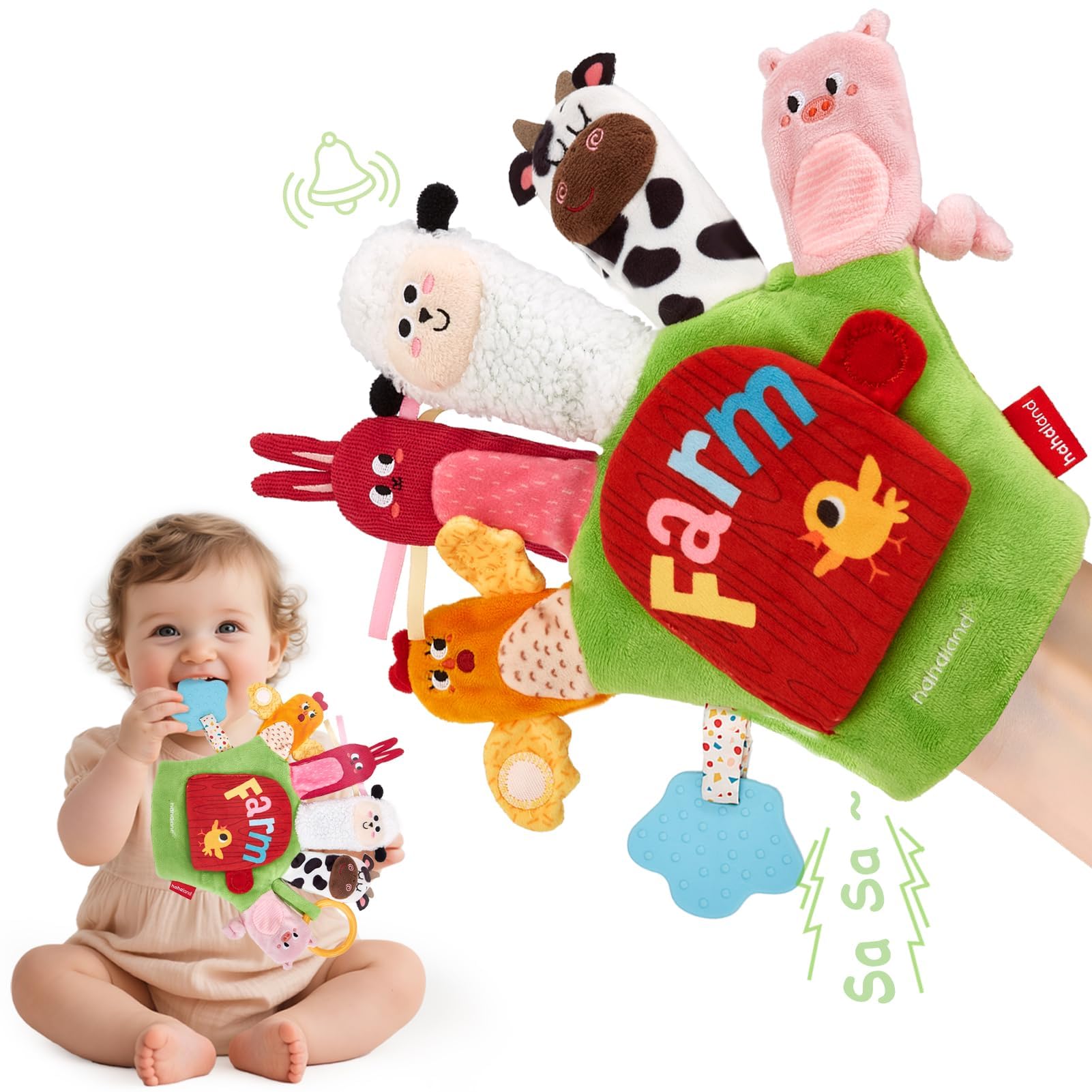 hahaland Giochi Sensoriali Neonati 6 Mesi, Guanto Marionetta della Fattoria Interattivi Gioco Montessori 6 Mesi, con Sonaglio/Specchio, Tummy Time Neonato 3 6 9 12 Mesi