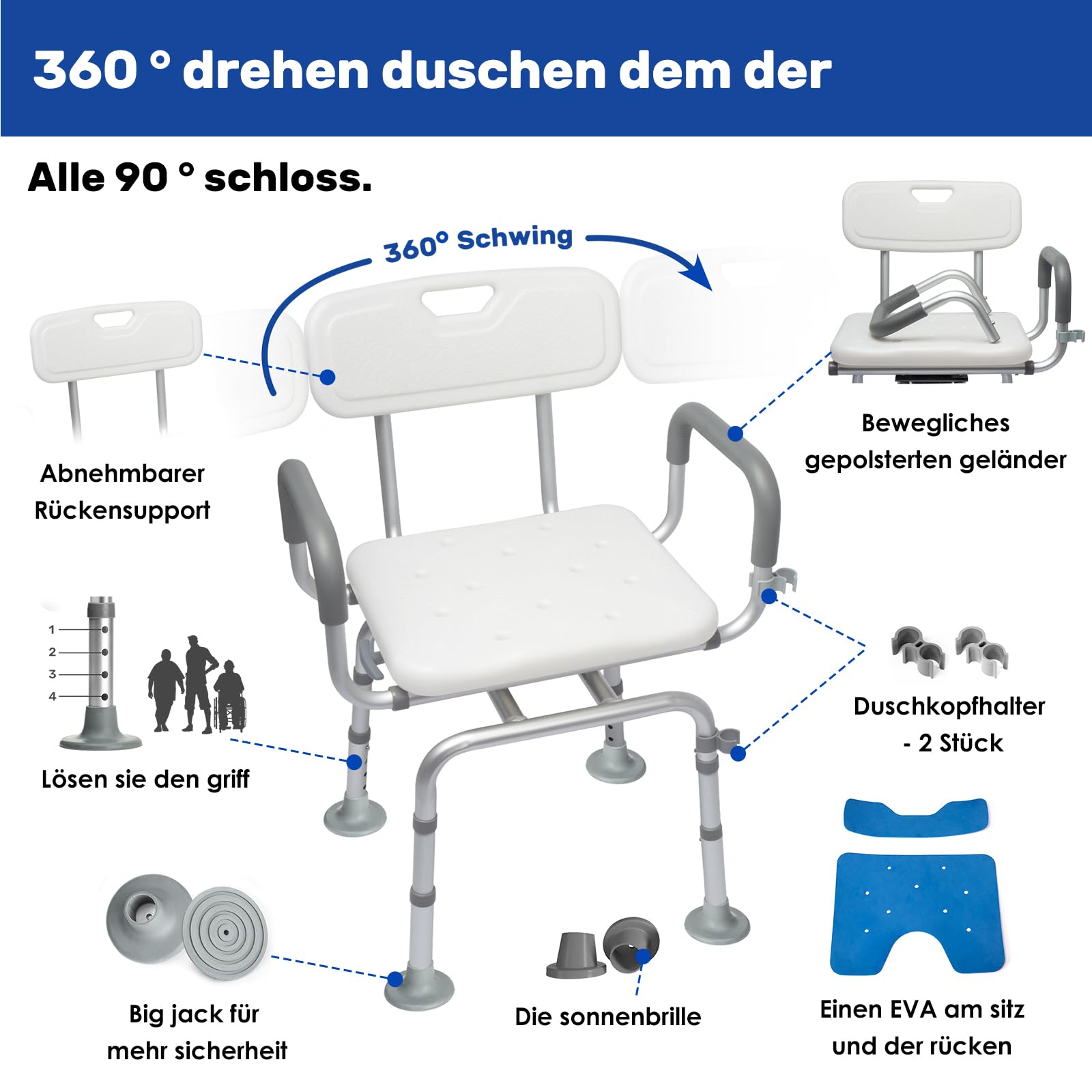 Silla de ducha giratoria de 360° con respaldo y reposabrazos, almohadillas giratorias resistentes al frío, soporta hasta 154 kg, montaje sin herramientas, ideal para la ducha interior.