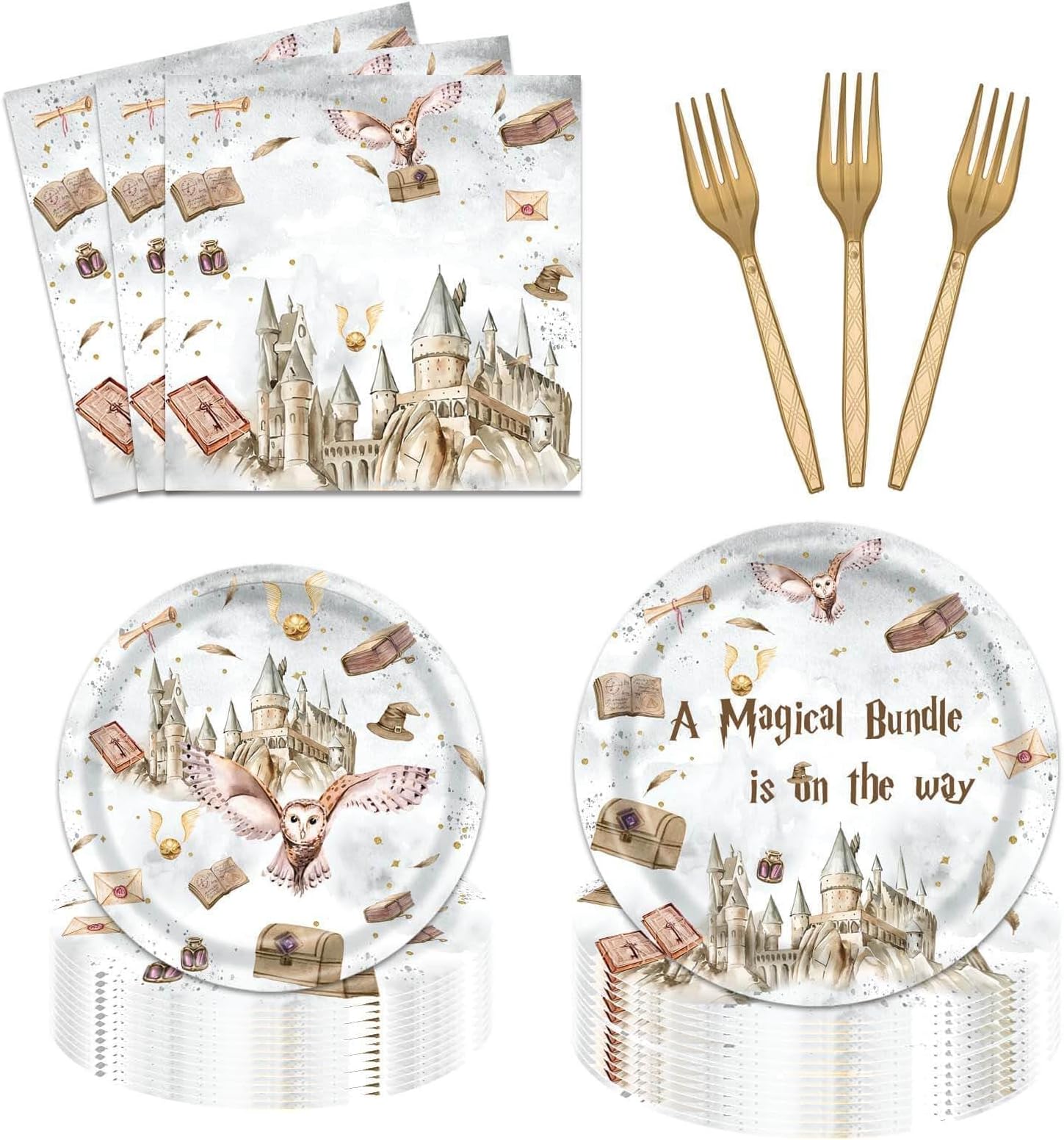 Vanulus96 Pcs Magical Wizard Baby Shower Party Supplies A Magical Bundle is On The Way Party Tableware and Napkins for Baby Castle Witch Wizard School Disposable Paper Plates for 24 Guests