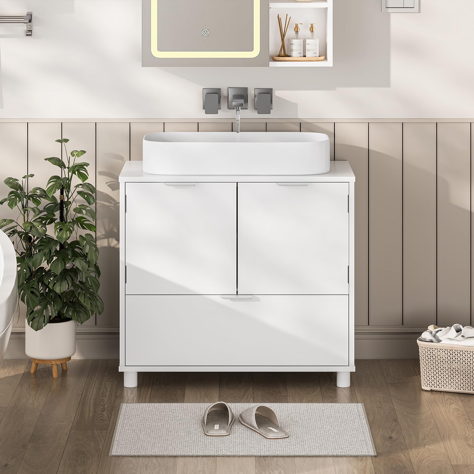 Waschbeckenunterschrank, Badezimmerschrank mit 2 Türen, große Schublade, viel Stauraum, Badezimmer Unterschrank Waschtischunterschrank Badschrank weiß,30 x 60 x 60 cm