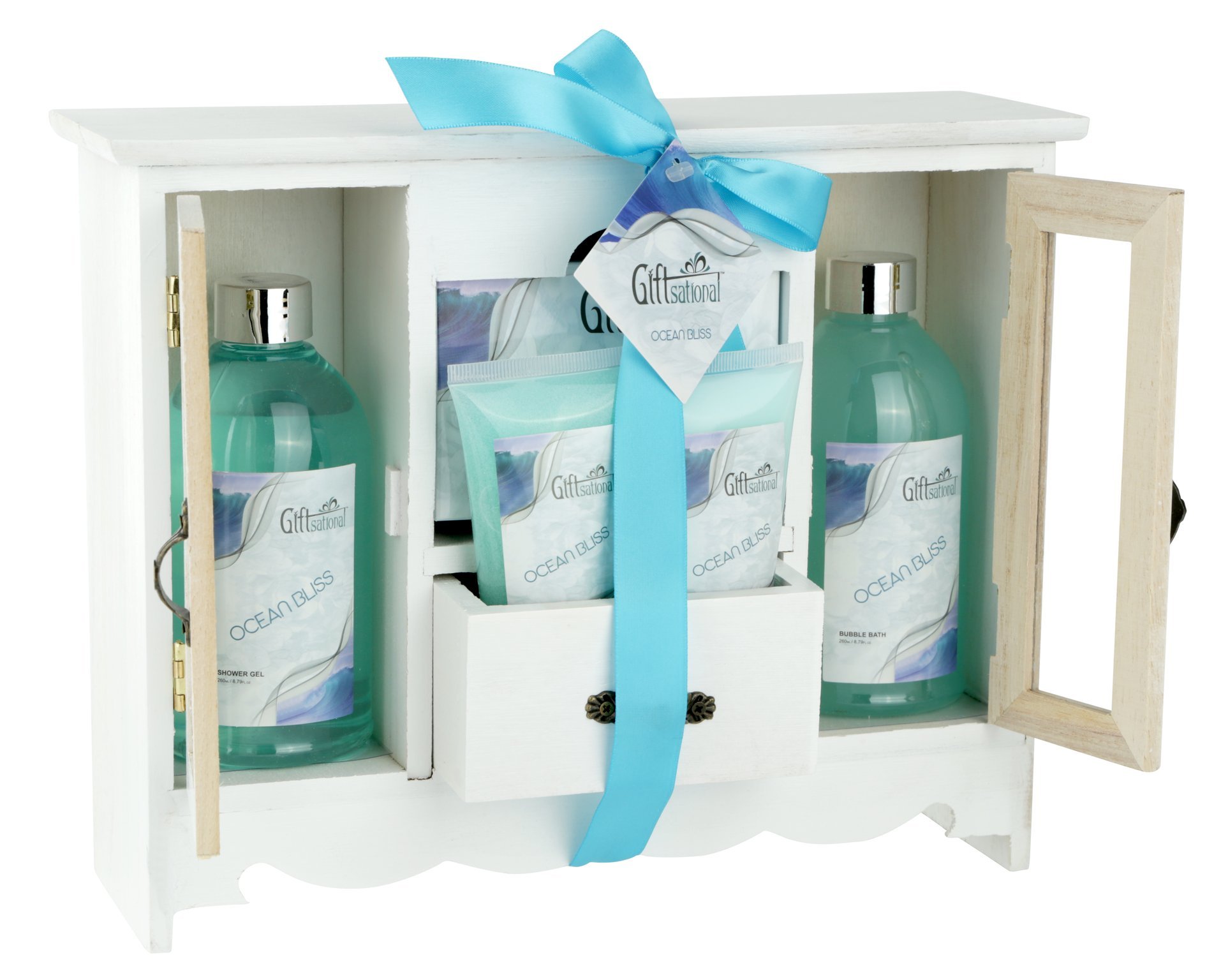 Spa Gift Basket with Refreshing Ocean Bliss Fragrance, Best Mother's Day, Birthday, Anniversary Gift for Women, Girls, Gift Set Includes Shower Gel, Bubble Bath, Bath Salt, Body Lotion and Body Scrub