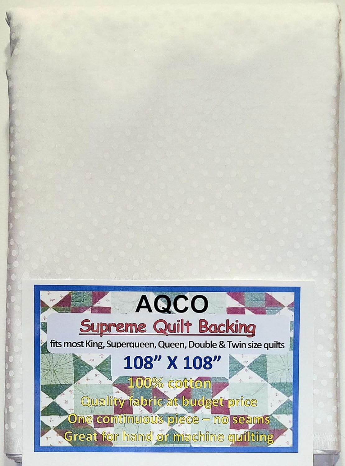 Supreme Quilt Backing, King, Seamless, from AQCO, Dots White on White, 108"x108"