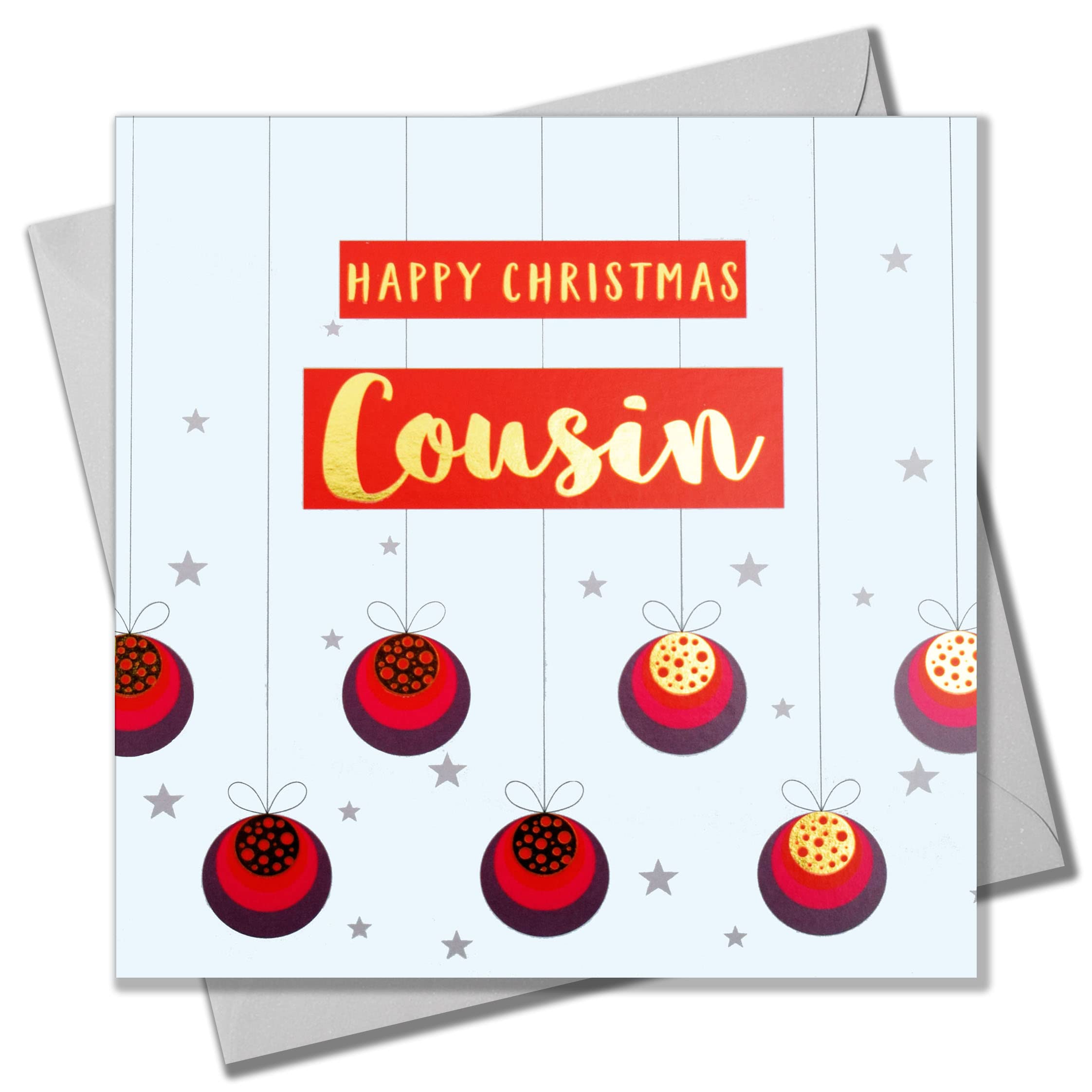 Claire Giles Greeting Cards, Happy Christmas Cousin Card, Baubles & Stars design xmas Greeting Card, Text Foiled in Shiny Gold