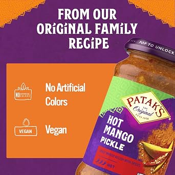 Pataks Hot Mango Pickle - Authentic Indian Relish w/Mango Chunks, Mustard Seeds & Aromatic Spices Perfect for Sandwiches, Salads & Cold Meats - Vegan Spicy Pickle - 10oz Jar (Pack of 1)