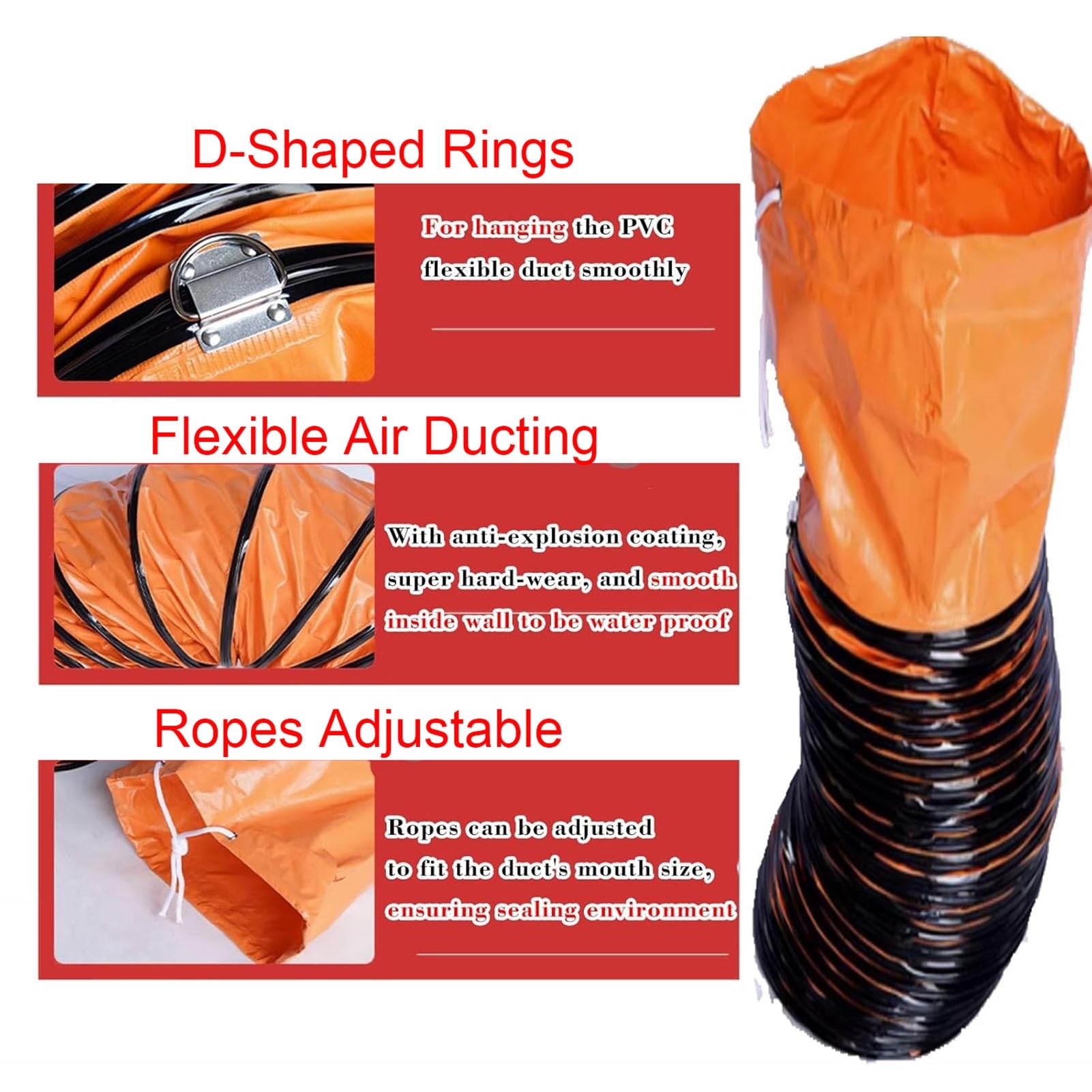 Tubo flessibile for canalizzazione in PVC con corda regolabile e anelli a forma di D for ventola di scarico - Resistente alle alte temperature, 1 pezzo(L10mxID200mm)