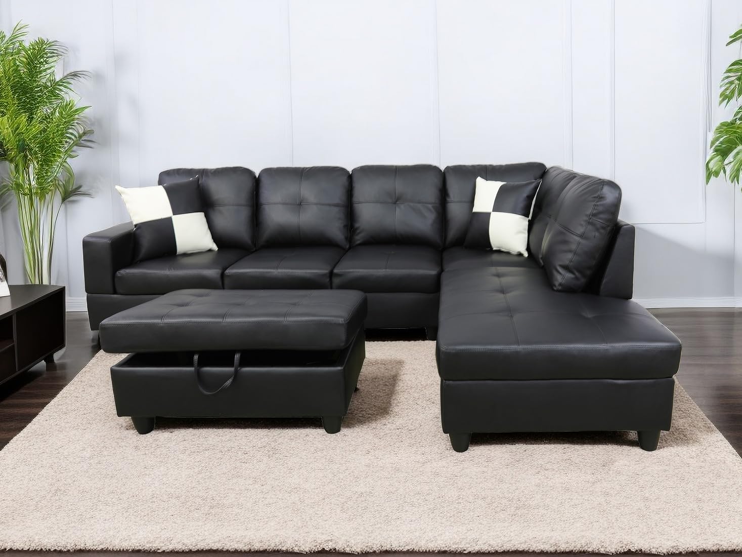 L Shaped Couch, Faux Leather Sectional Couches for Living Room, Modern Living Room Furniture Sets Sofa in 3PCS for Home/Office (A-Black, Right Hand Facing)