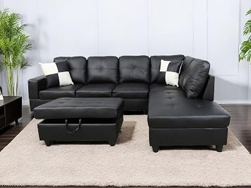 L Shaped Couch, Faux Leather Sectional Couches for Living Room, Modern Living Room Furniture Sets Sofa in 3PCS for Home/Office A-Black, Right Hand Facing