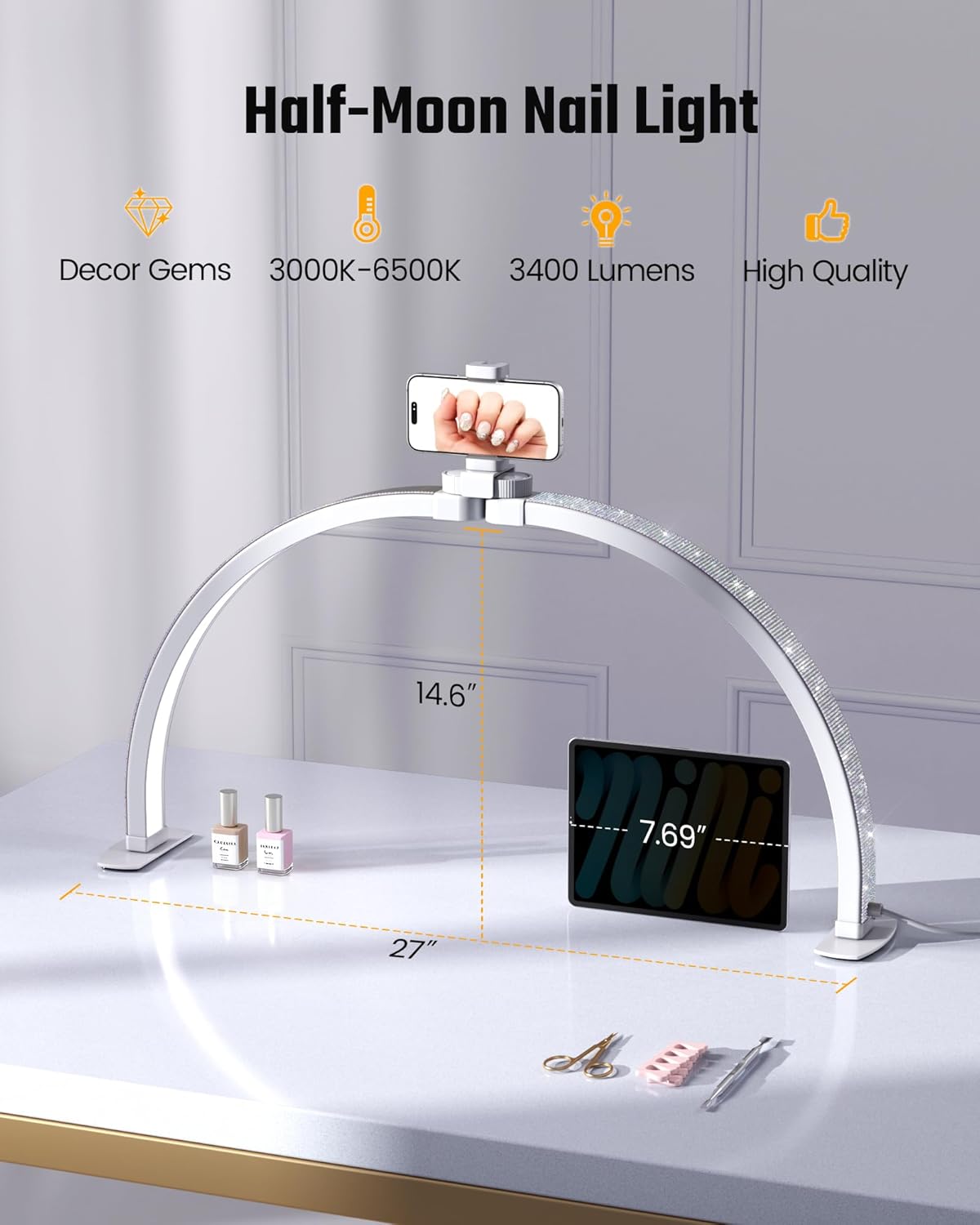 Half Moon Light for Nail Desk, Foldable Arch Nail lamp for Desk with Rhinestones,CRI≥90 LED with Phone Holder, Shadowless Table Lamp Perfect for Manicure Handicraft Lighting,White