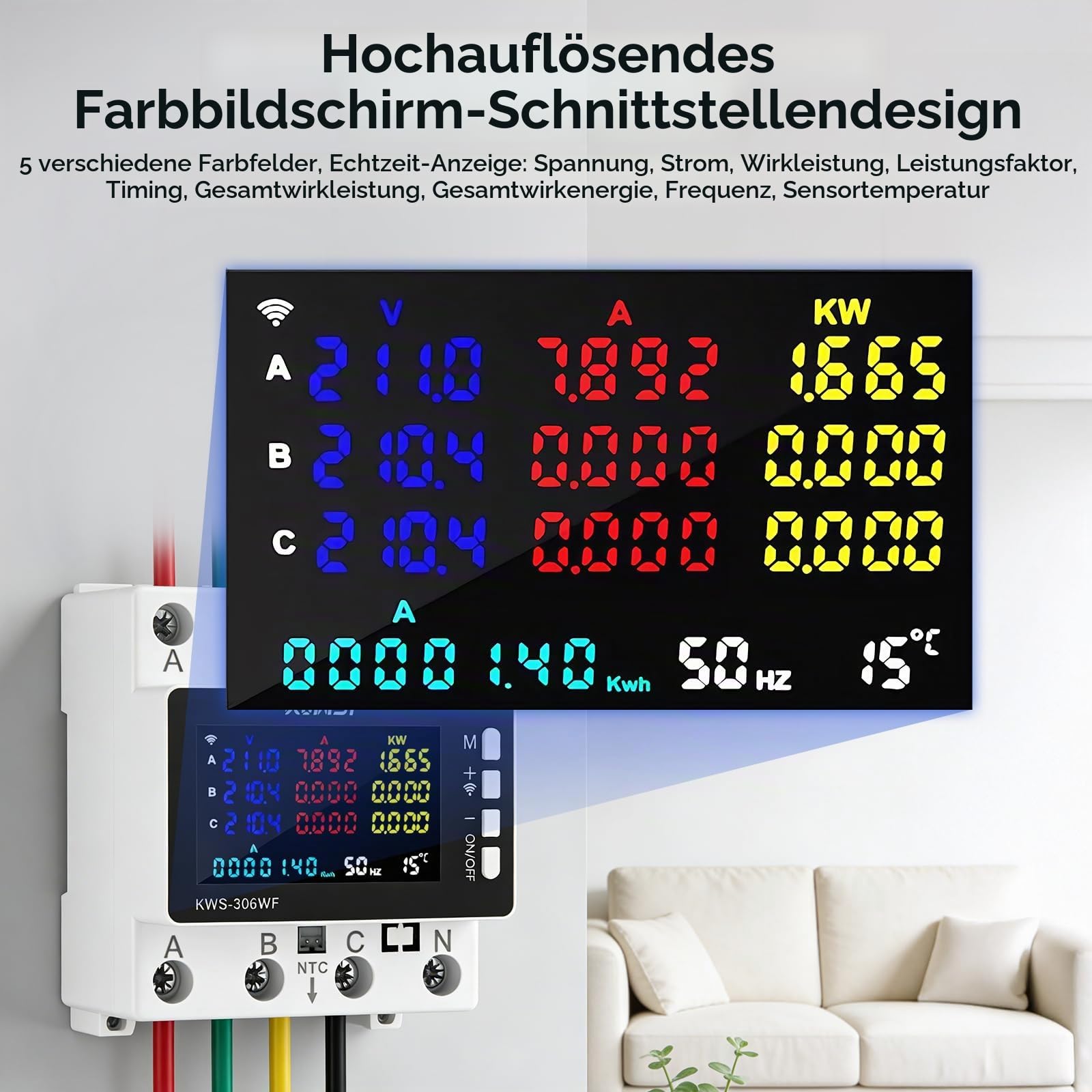 3-Phasen WiFi Stromzähler, 10-in-1 Smart Energy Monitor mit Tuya App, Digitaler kWh Zähler DIN Schiene, 85-290V AC 0-80A, Leistungsmessgerät, Volt Ampere Wattmeter für Haushalt & Industrie