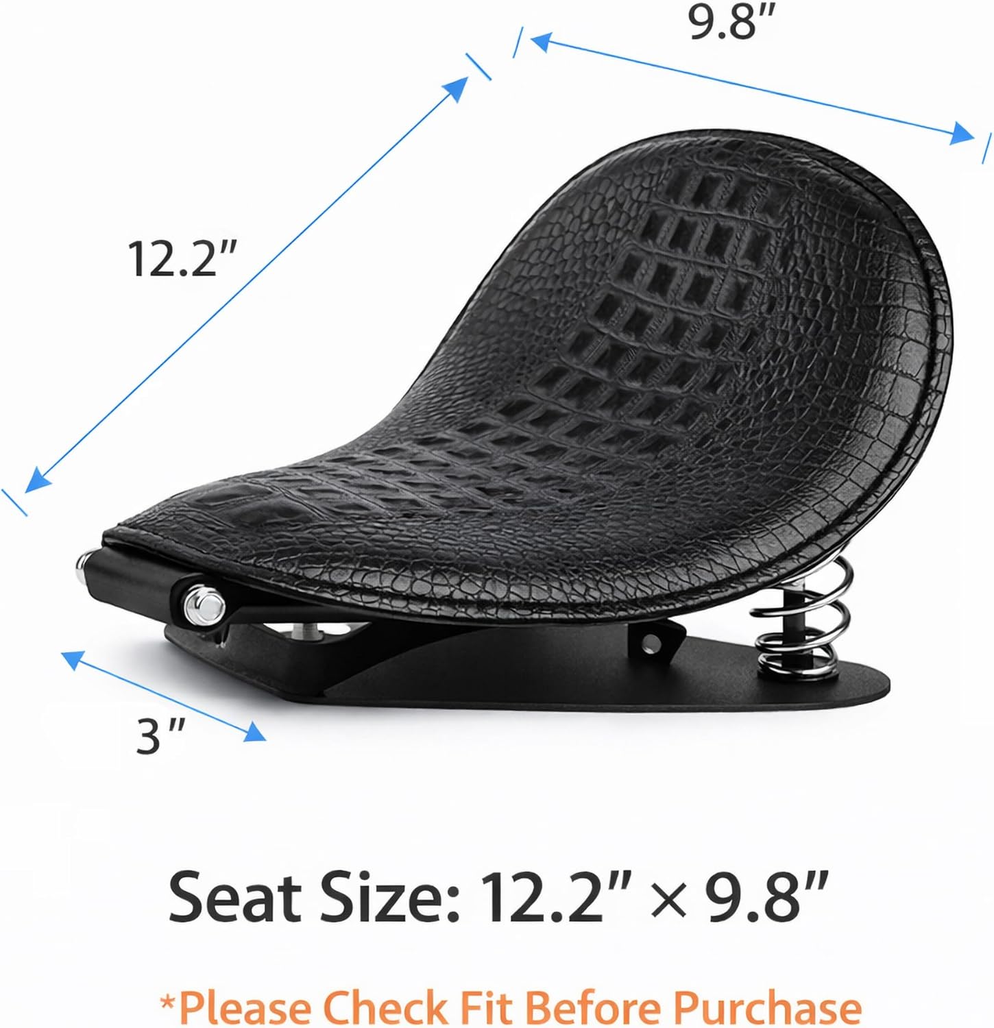 Crocodile Pattern Motorcycle Solo Seat with Springs, PU Leather Bobberx Custom Driver Seat Cushion for Harley Sportster XL883 XL1200 Bobber Chopper, Fits Honda Yamaha Kawasaki Suzuki (Black)