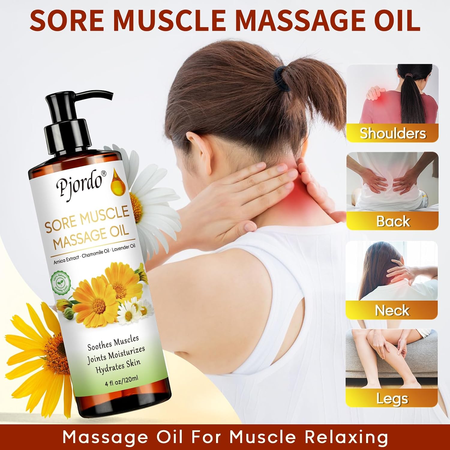 Pjordo Massage Oil for Massage Therapy, Lavender Massage Oils for Relaxation, Sore Muscle Arnica Oil with Massage Roller Ball, Calming, Moisturizing, Soothes Muscles, Spa Gift Set for Him Her