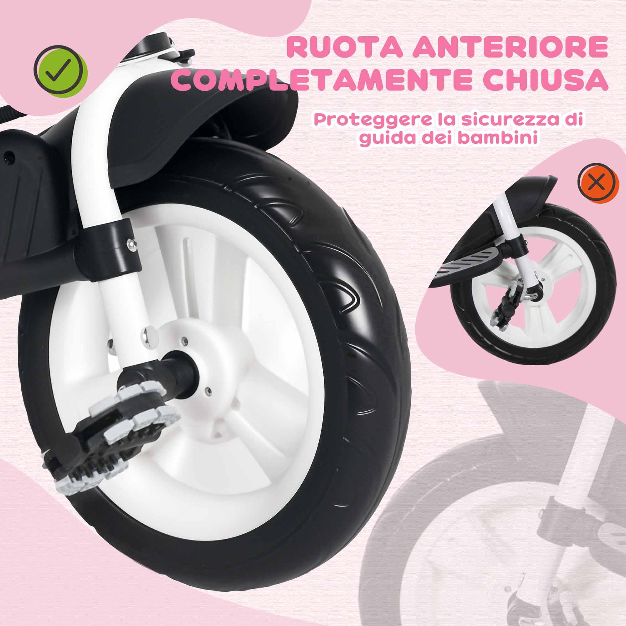 HOMCOM 6 in 1 Triciclo per Bambini 1-5 Anni 102x49x102 cm Bianco e Rosa | Evolutivo, Maniglione, Tettuccio Regolabile, Cintura e Cestino, Passeggino Triciclo, Metallo e Poliestere