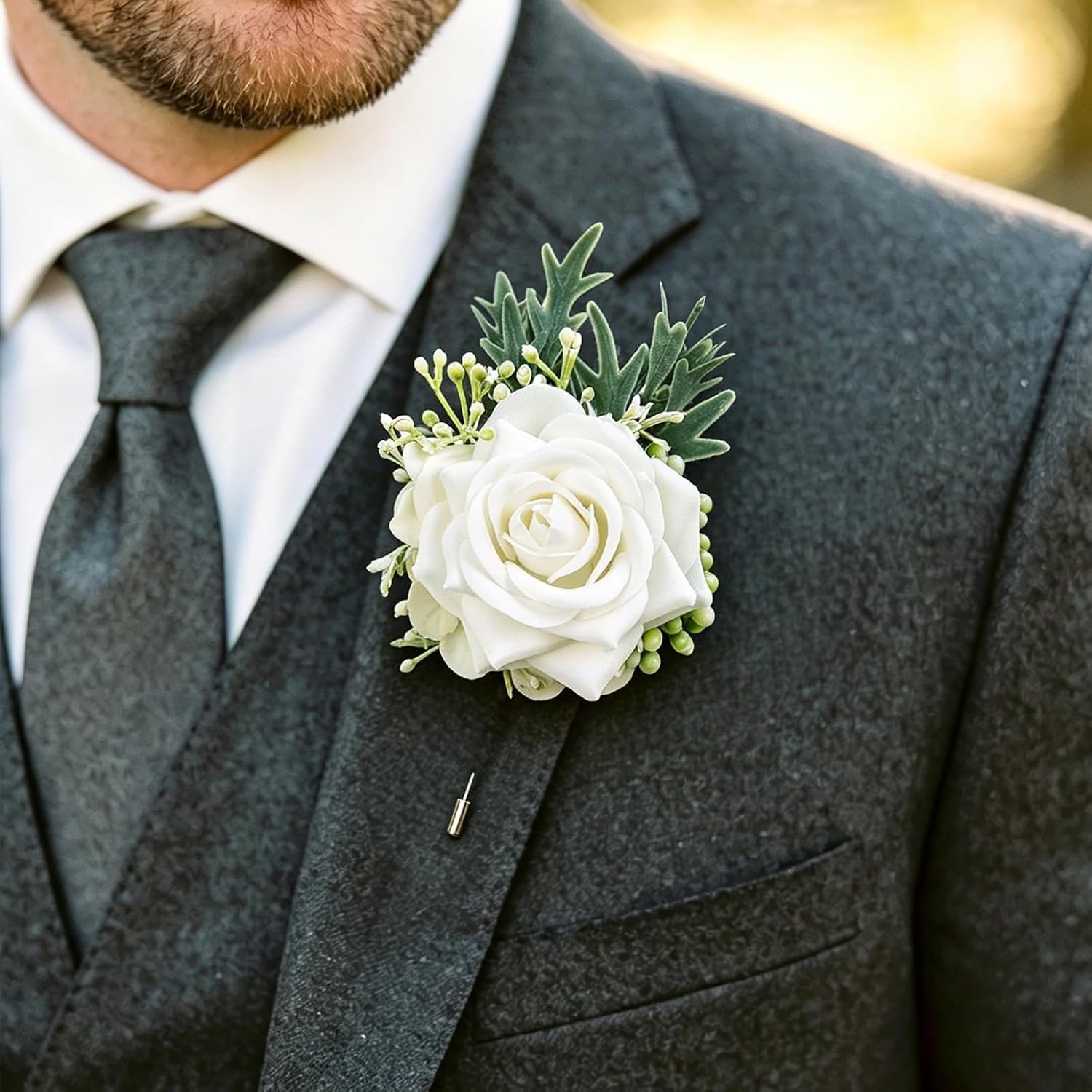 6pcs White Rose Boutonnieres for Wedding Prom Homecoming and Party White Boutonniere 6pcs