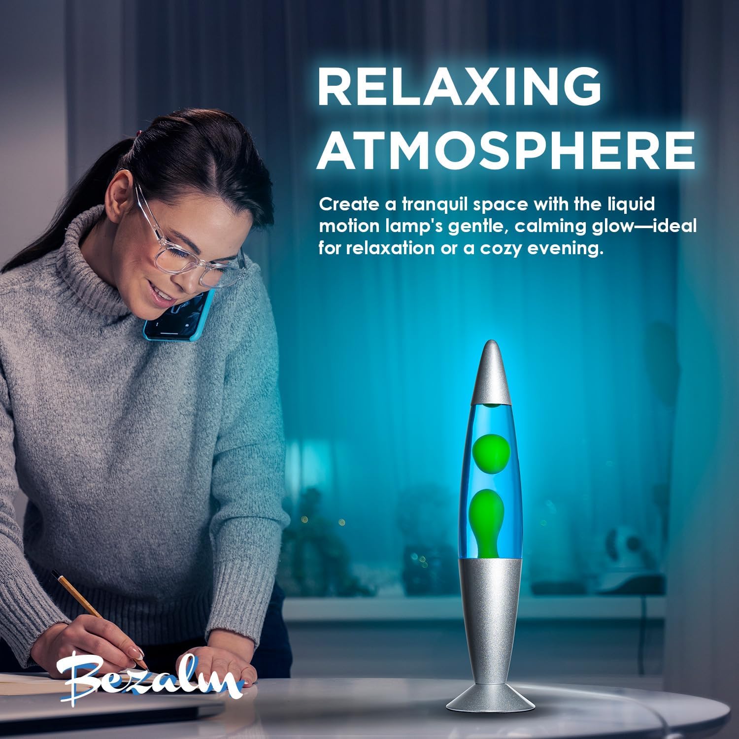 JAMBO BEZALM 16-Inch Beautiful Lamp, Relaxing Night Light Nighlight Home Decor Living Room Office Bedroom Lamp for Adults, Teens, and Kids, Magma Light (16", Silver Base, Blue Liquid, Yellow Wax)