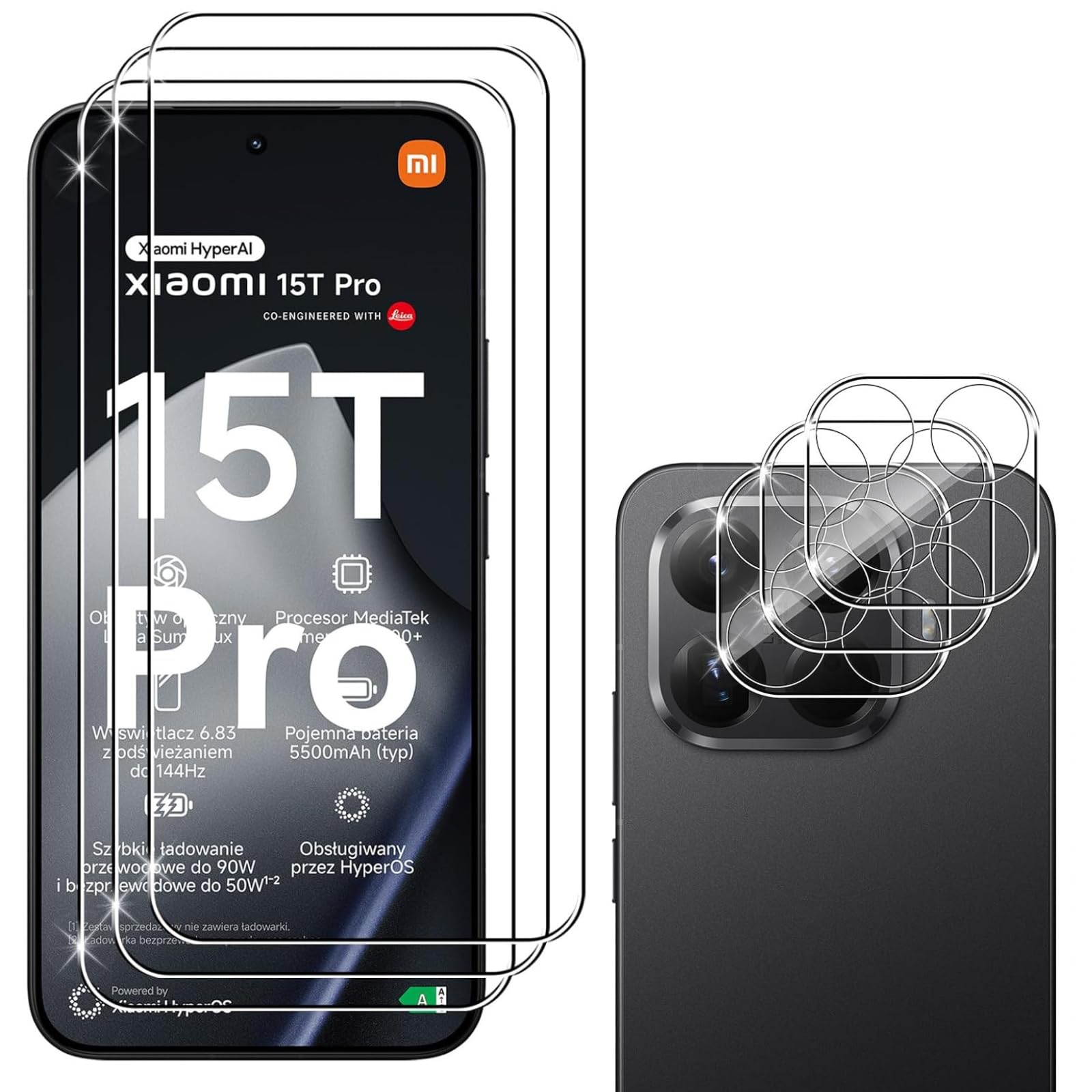 Wayneer Schutzfolie für Xiaomi Mi 15T/15T Pro für Panzerglas, 3 Stück Panzer Schutz Glas & 3 Stück Kameraschutz, Anti-Kratzen Folie 9H Härte HD Folie