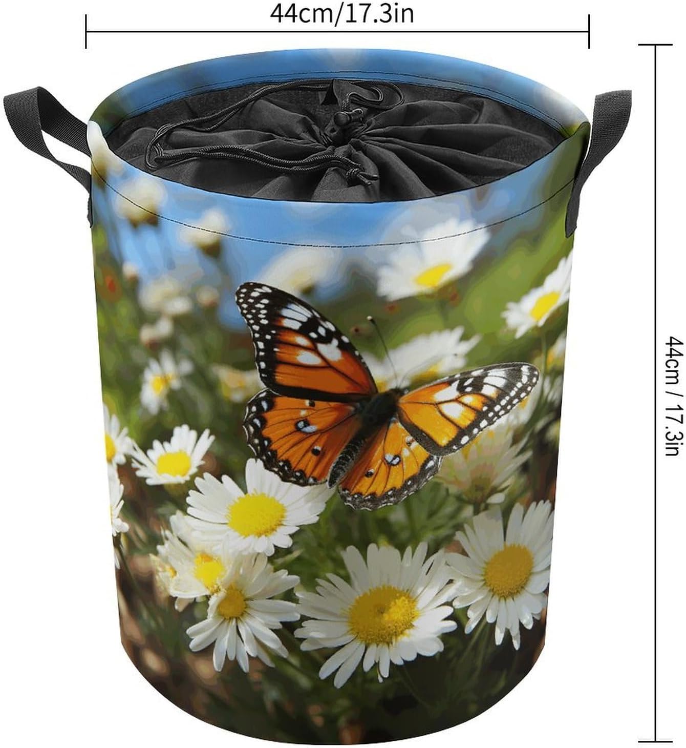 Butterfly on Daisy Flower Laundry Basket Collapsible Clothes Hamper with Reinforced Handles Large Capacity Waterproof Laundry Bag Freestanding Laundry Hamper for Bedroom Bathroom