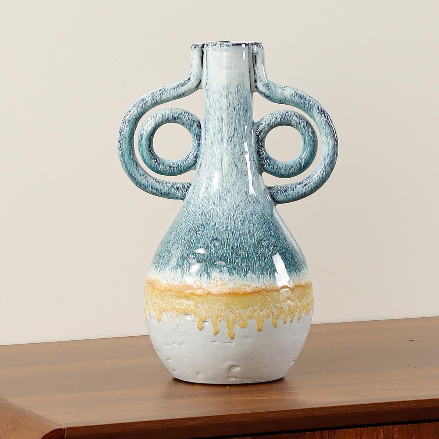 Ceramic Vase Aesthetic Reactive Glaze Decorative Flower Vase with Handles for Modern Rustic Home Decor, Living Room Bookshelf Mantel Table Centerpiece, 10.6 Inch