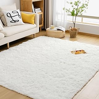 Sun Deco ラグ カーペット シャギーラグ 長方形 約1畳（120×160cm） 洗えるラグ ラグマット 滑り止め 防音絨毯 ふわっと手触り オールシーズン リビング用 じゅうたん 柔らかい (ホワイト, 120×160cm)