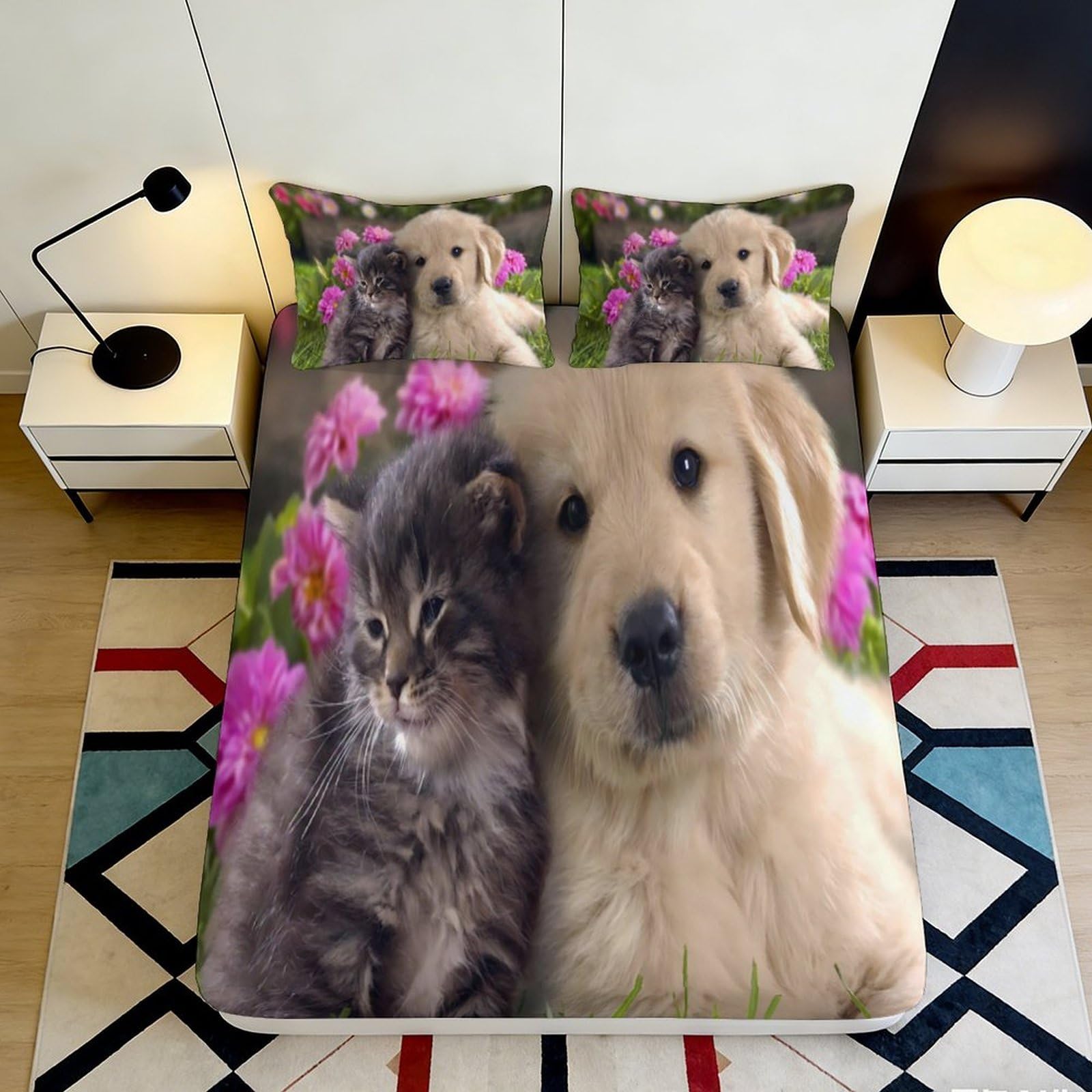 3D Printed Puppy Kitten Fitted Sheet Microfiber Non-Slip Floral Mattress Cover for Bedroom Dorm Easy Care Decor 120x200x25cm