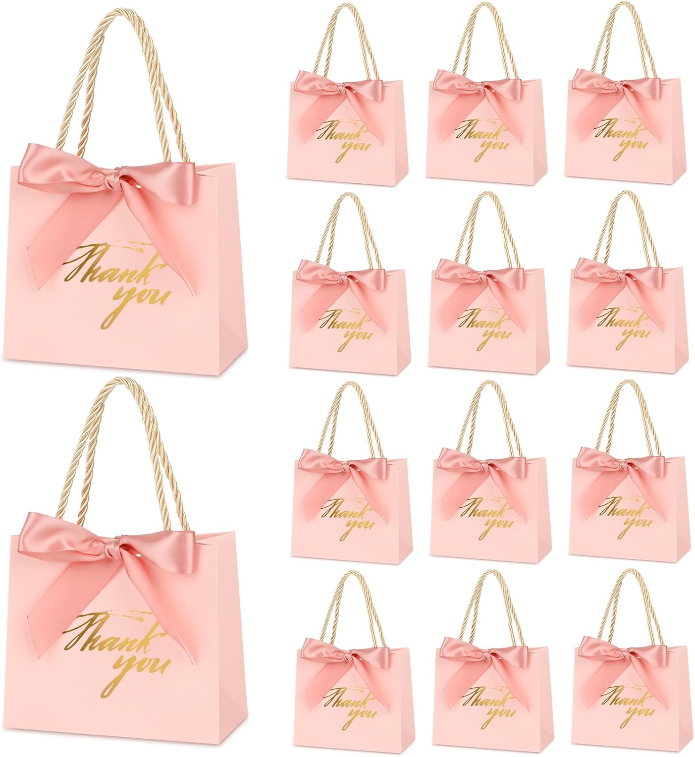 Mauproy 20 Pack Small Thank You Gift Bags with Handles, 5.5'x 2.5'x 4.7' Mini Paper Gift Bags with Ribbons Party Favor Bags for Wedding Baby Shower Bridal Shower Halloween (Pink)
