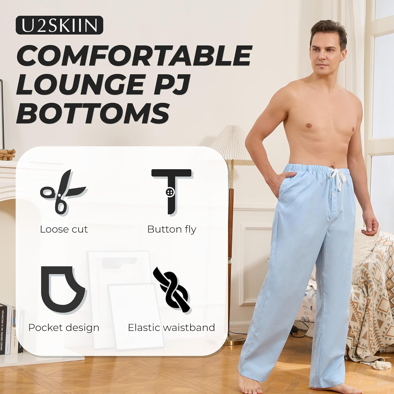 U2SKIIN Mens 100% Cotton Lightweight Pajama Pants Sleep Pj Bottoms Comfy Lounge Pants with Pockets and Button Fly - Image 3