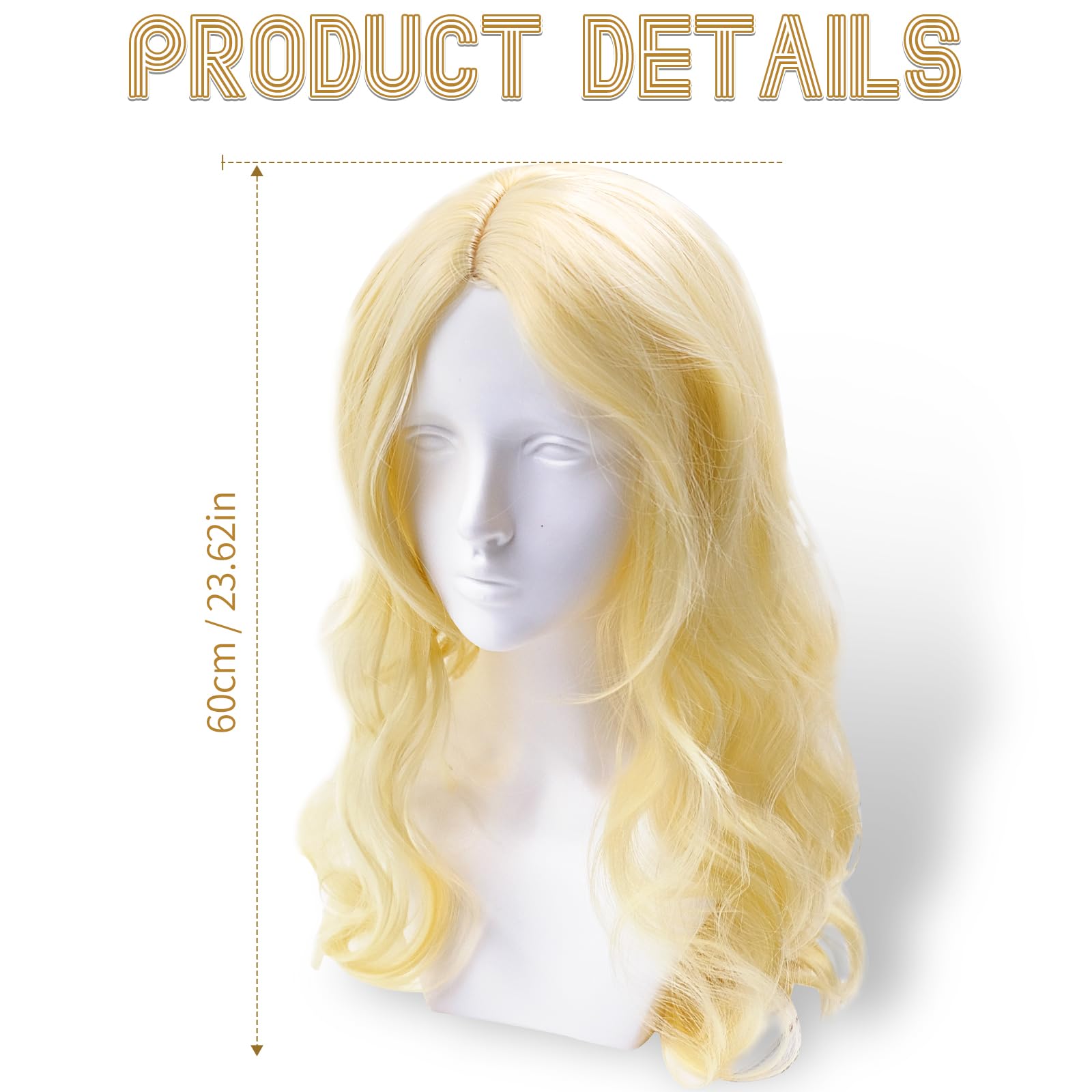 Blond peruka damska, długość 70 cm, kręcona peruka z naturalnie dociągniętą linią włosów, naturalny wygląd, włókna syntetyczne, odporne na wysokie temperatury, do cosplay, na co dzień, na
