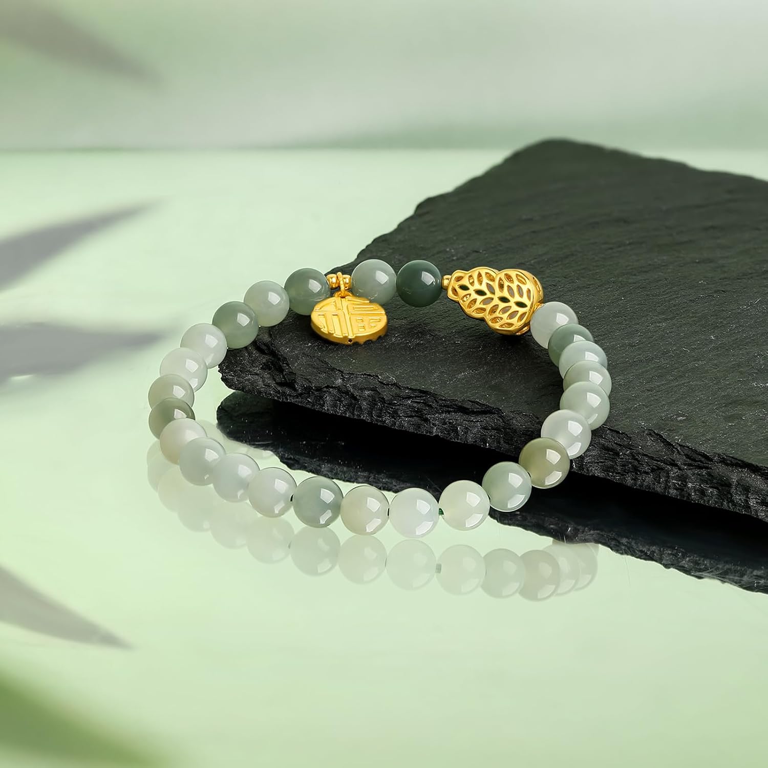 24K Gold Jade Bracelet Lucky Beaded Bracelets Feng Shui Jewelry Wealth Charm Stretch Chain Natural Crystal Bangle Healing Beads Protection Pendant Buddha Gourd Charms Good Luck Gifts for Women Men