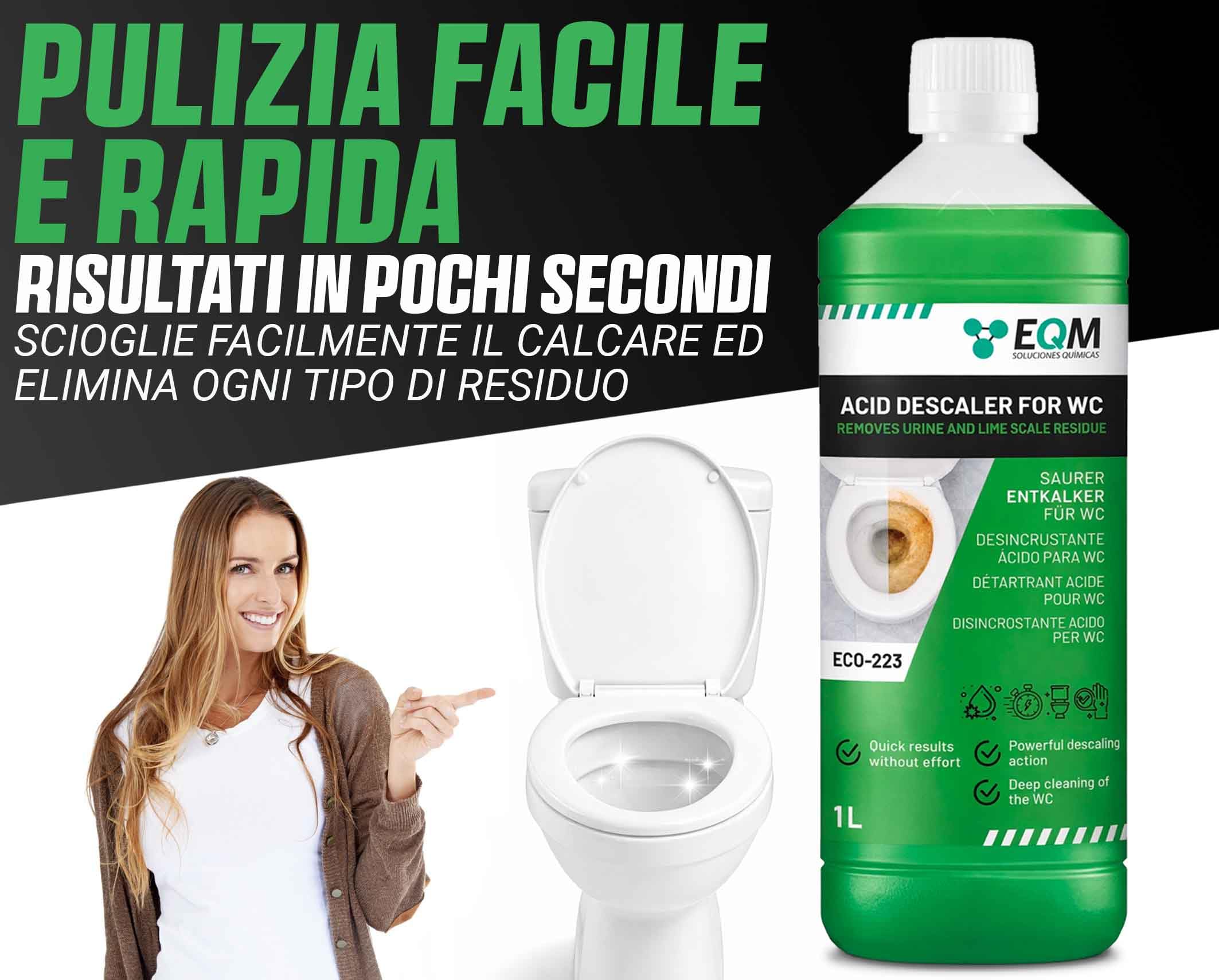 EQM Disincrostante WC Acido 1 L - Anticalcare Potente - Rimuove Calcare Ostinato e Ruggine - Detergente Professionale per Sanitari - Formula ad Alta Prestazione