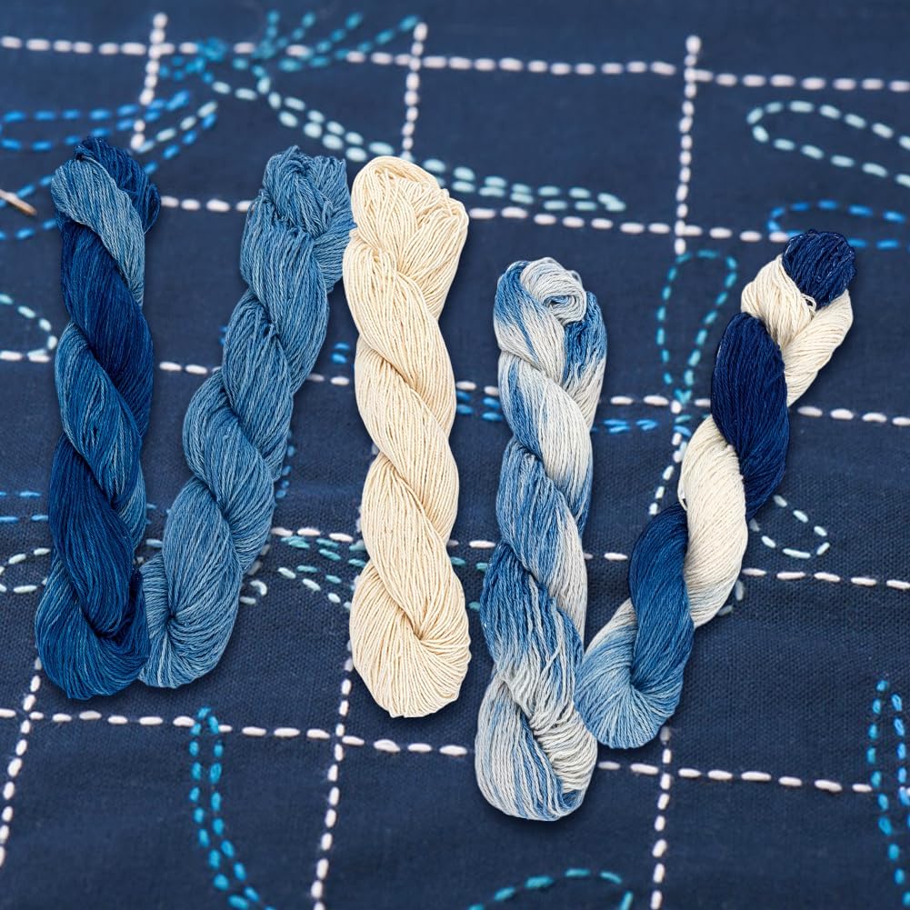 FREEBLOSS 5Pcs Sashiko Thread Sashiko Kit Sashiko Skein Natural Plant Blue Dyed Sashiko Cotton Embroidery Thread Japanese Quilting & Embroidery Sashiko Kit Supplies 110 Yards*5 Colors