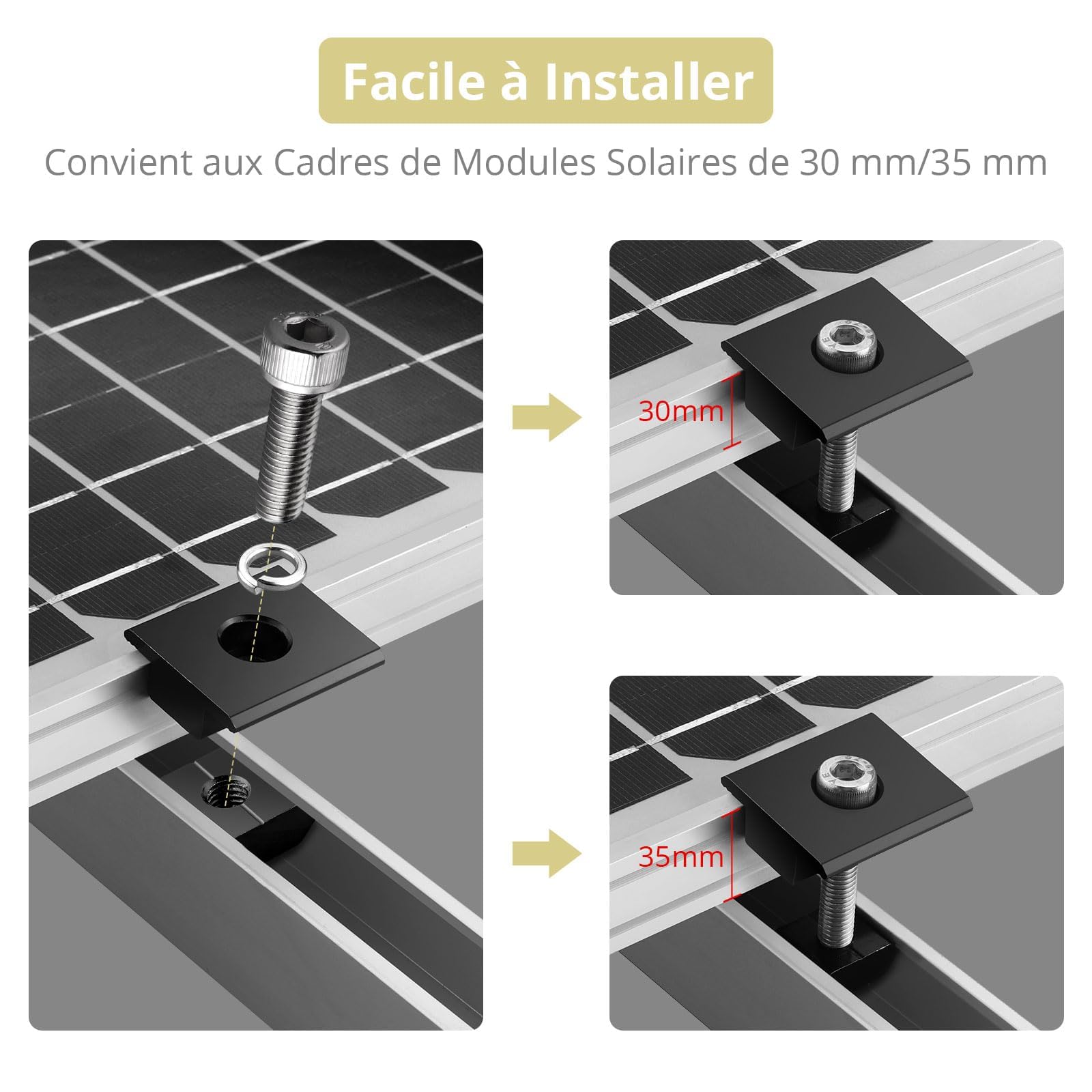 Anbte 10PCS Clip Central T Aluminium pour Support Panneau Solaire 30mm/35mm | Alliage Aluminium Résistant, Montage Rapide avec Clé, Compatible Toit, Camping-car, Bateau