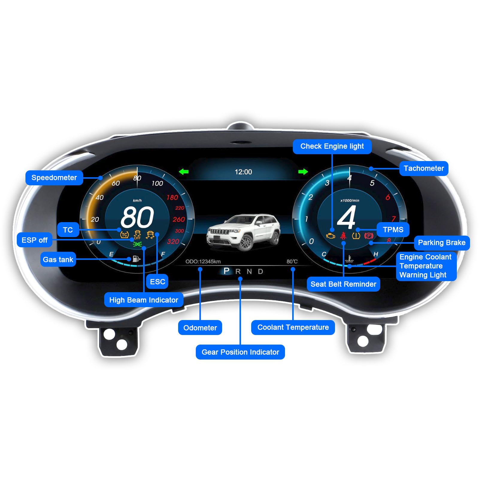 Quadro strumenti digitale da 12,3 pollici per Jeep Grand Cherokee 2014-2020, tachimetro per cruscotto, Carplay Android Auto, LCD