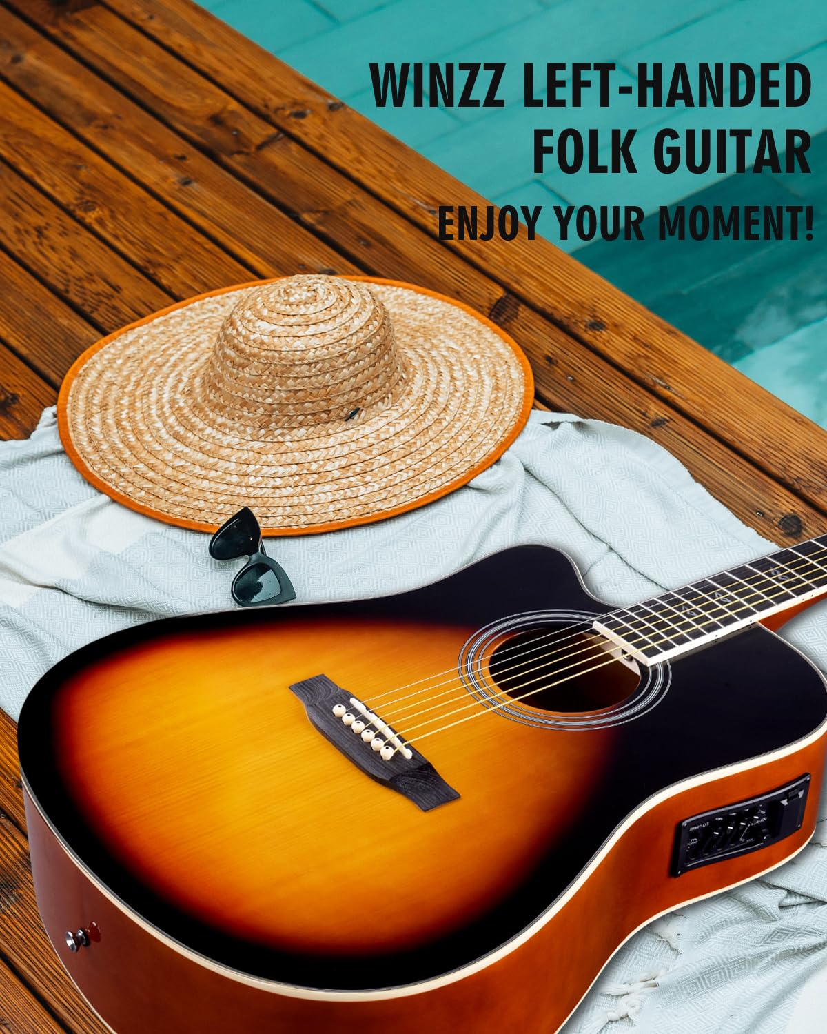 Winzz 4/4 Gitara Elektroakustyczna, Leworęczna Gitara Westernowa, Zestaw dla Dorosłych Początkujących, Gitara Akustyczna 41 Cali z 4-pasmowym Ekwalizerem (Dreadnought, Połyskujący Sunburst)