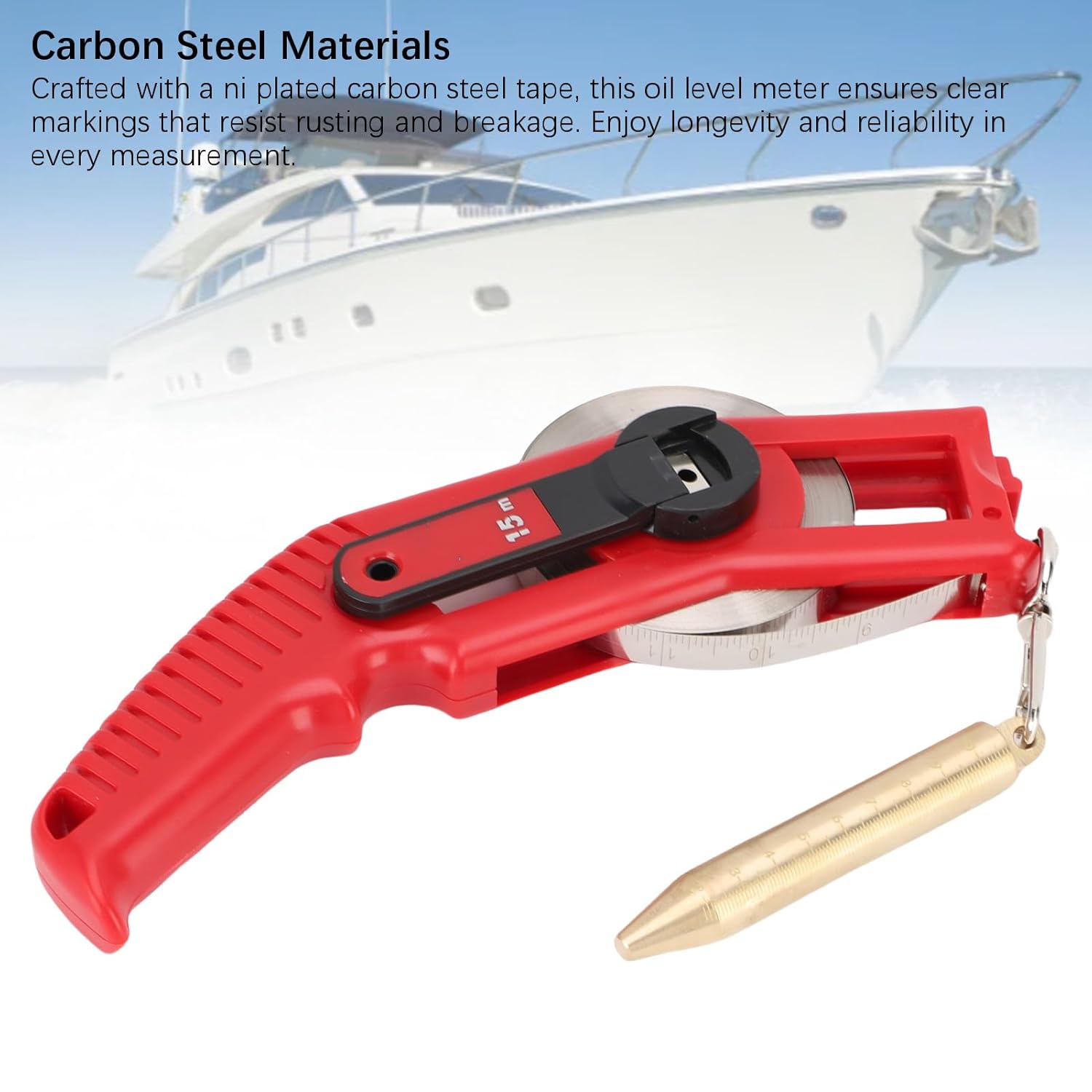 Fuel Level Meter for Yachts Ships, Carbon Steel Tape, ABS Handle, Copper Weight, Designed for Comfort, Ensures Accurate Readings with Ni Plated Tape (15m)