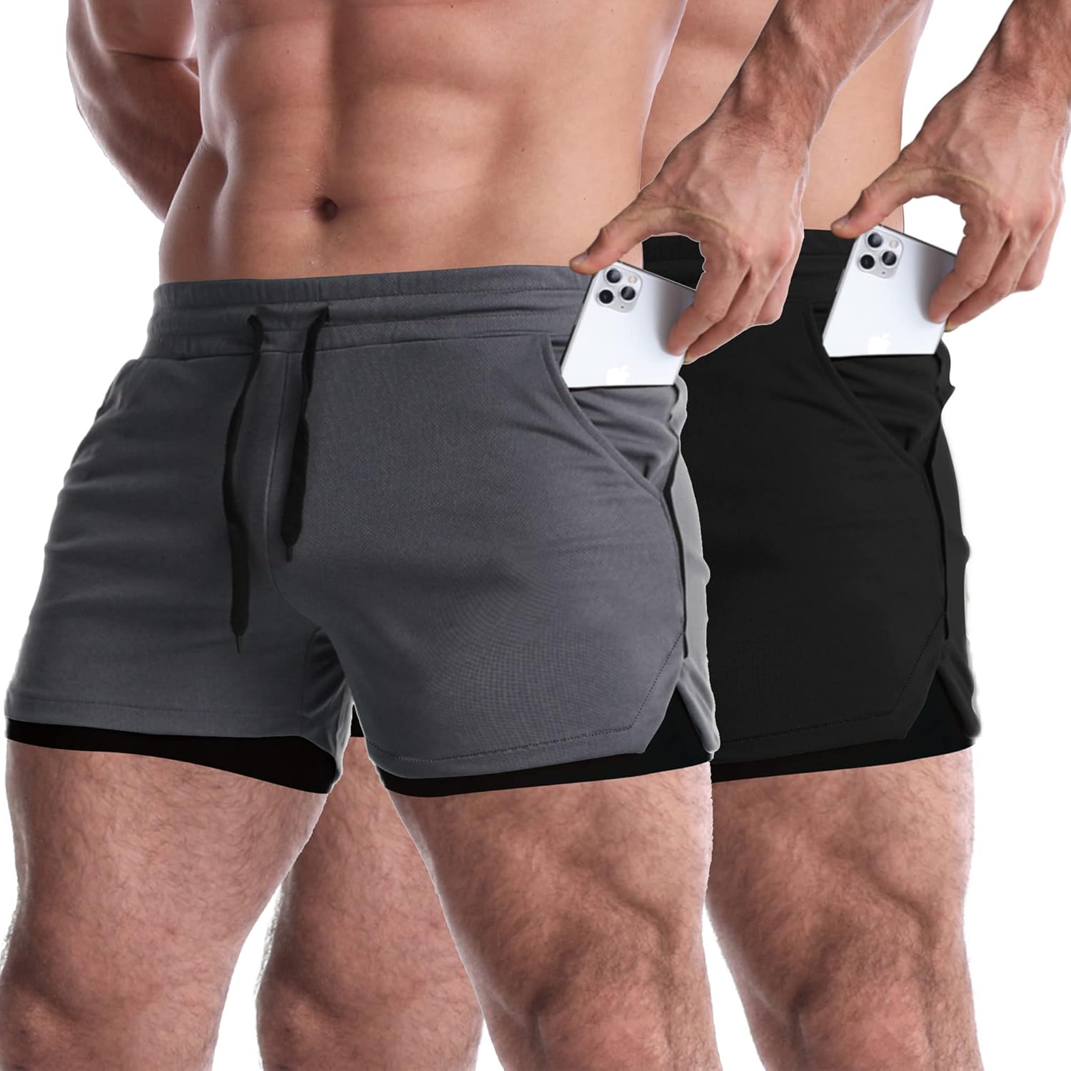 EVERWORTH Men's 2 in 1 Workout Shorts 5" Quick Dry Gym Shorts Bodybuilding Short Shorts Compression Shorts with Zipper Pocket