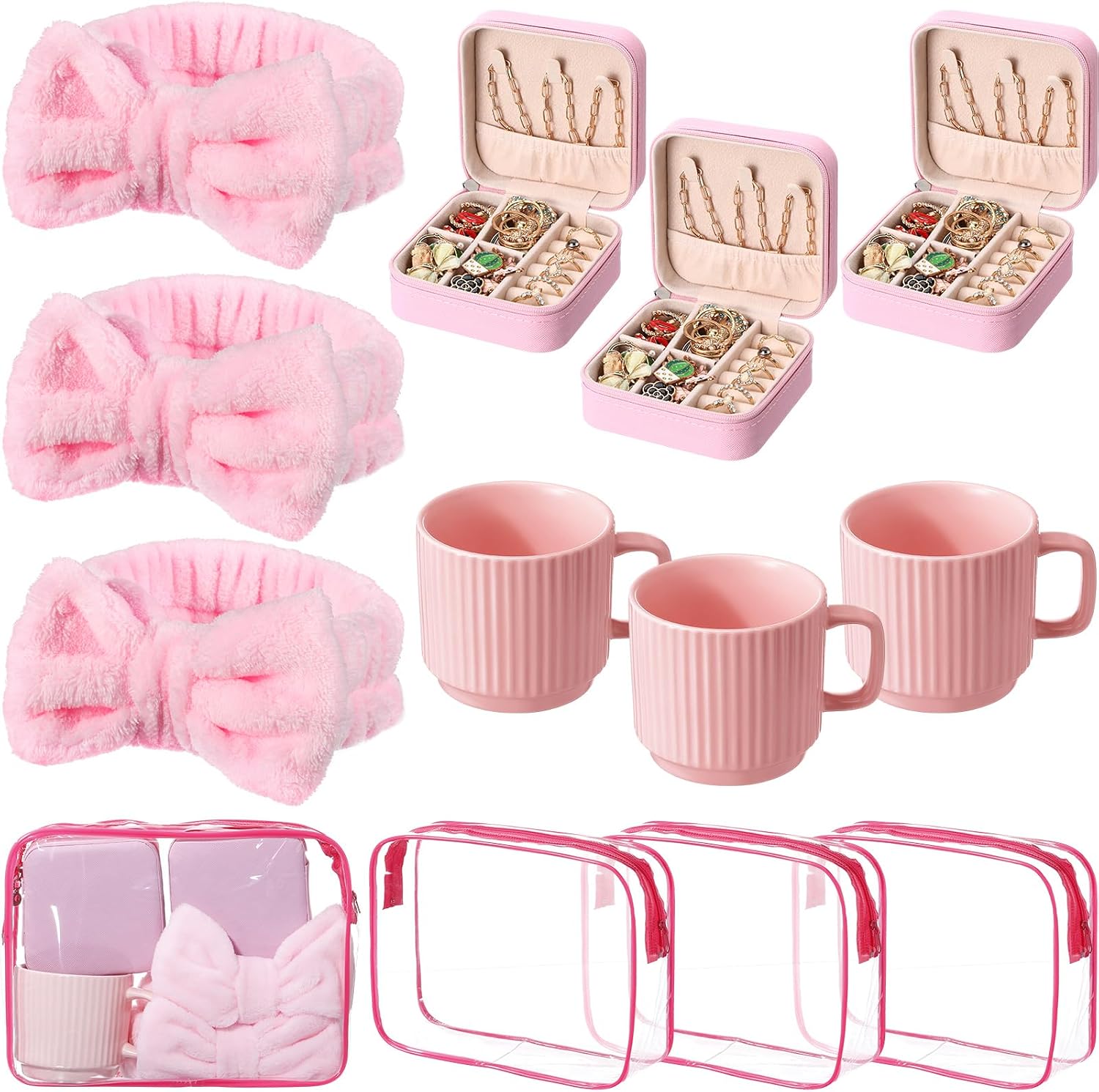 Suncalla 12 Pcs Pink Gifts Set for Women, Pink Ceramic Coffee Mug Bow Headbands Jewelry Storage Box Cosmetic Bags for Spa Slumber Sleepover Party Supplies Birthday Favors