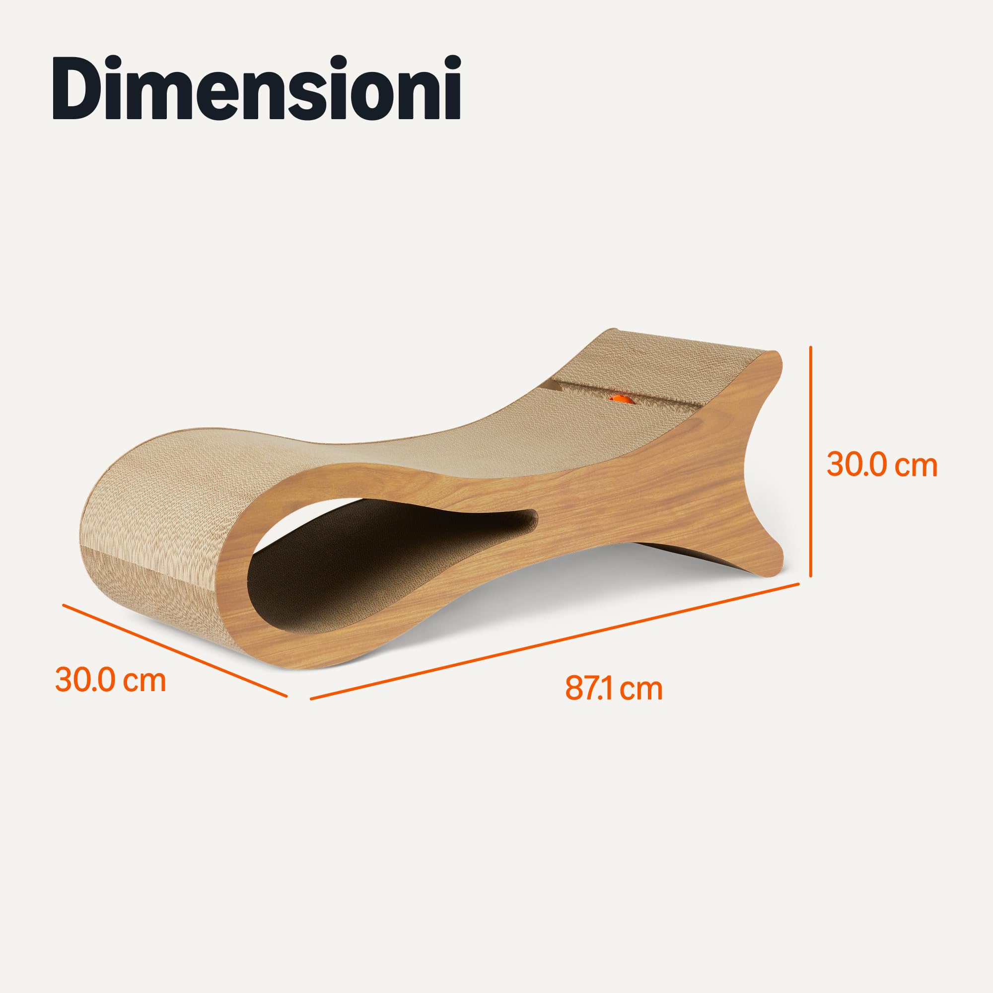 Amazon Basics Cat Scratcher Lettino da salotto per gatti da interno a forma di tiragraffi per gatti,tappetino in cartone ondulato con palla interattiva e catnip,certificato FSC,87,1 x 30 x 30cm, legno