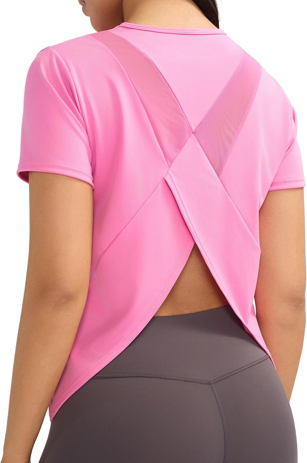 Ama Larsi Short Sleeve Workout Tops for Women Athletic Gym Split Back Breathable T Shirts Loose Fit Yoga Tops