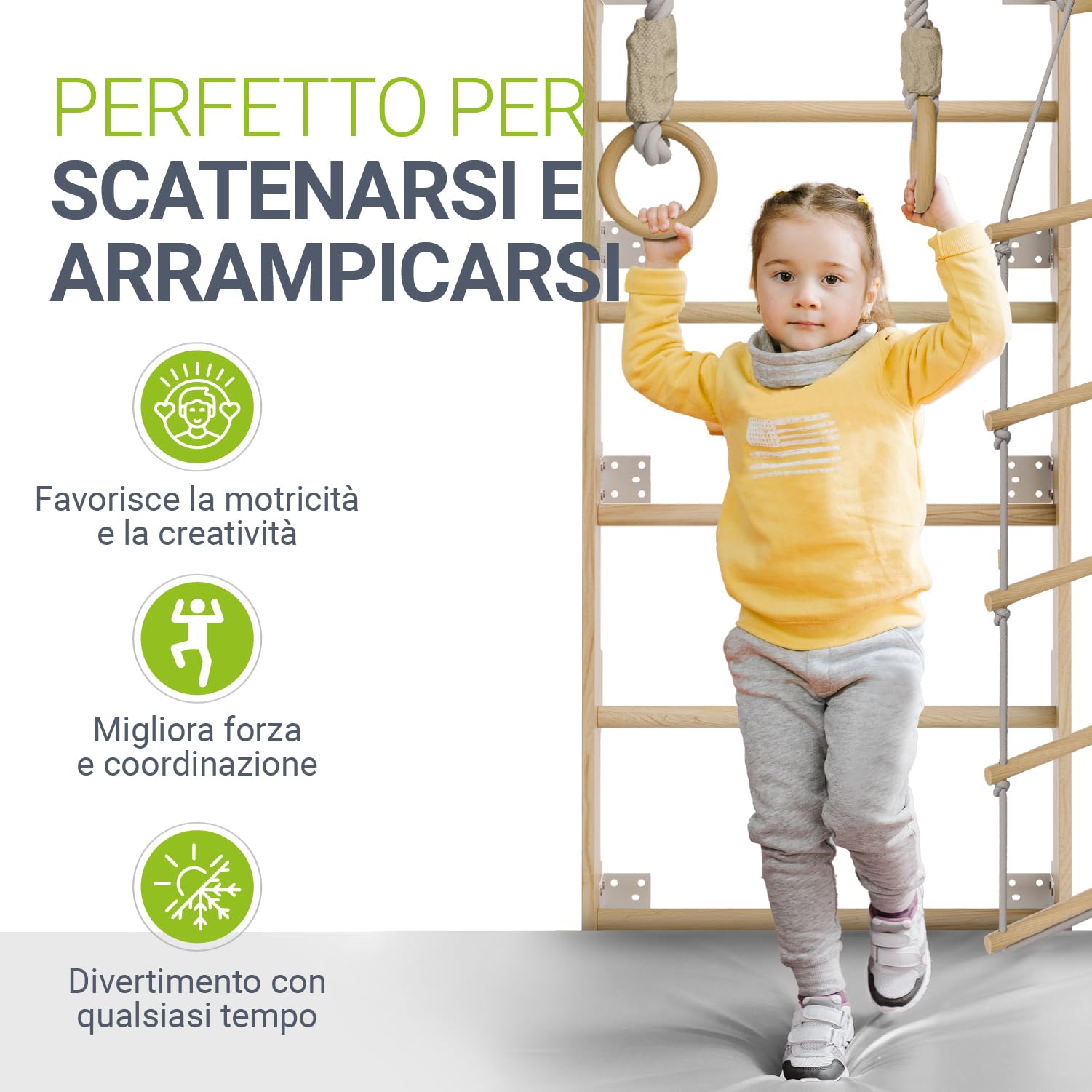 Juskys spalliera per bambini - con barra di trazione, struttura di arrampicata per interni con anelli ginnici e scala di corda, parete di arrampicata per la stanza dei bambini, barra ginnica