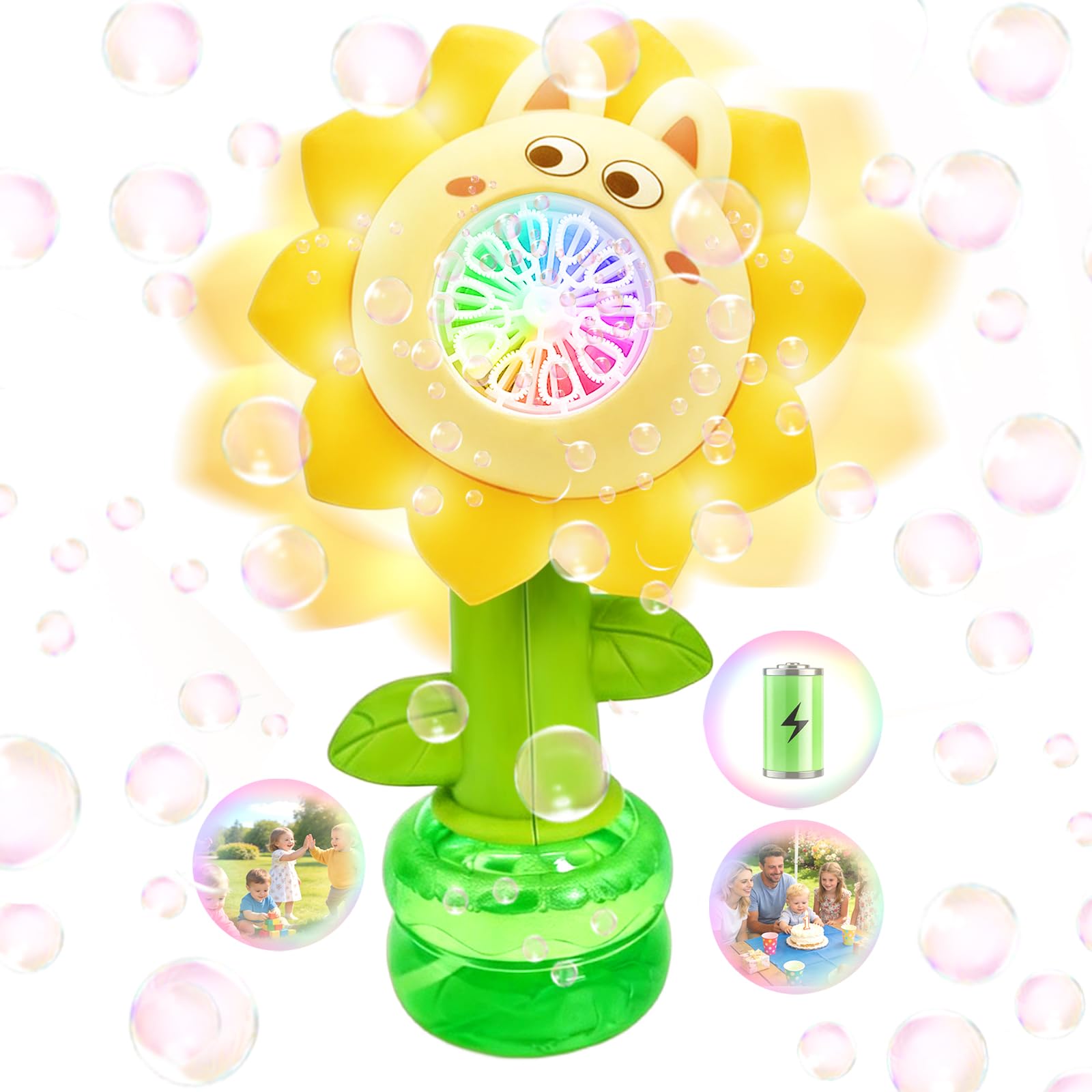 Bubble Machine for Kids, Rechargeable Dancing Sunflower Bubble Maker with Swinging Head & Colourful LED Lights, Automatic Bubble Blower, Indoor Outdoor Party Toy Gifts for Toddlers, Boys and Girls