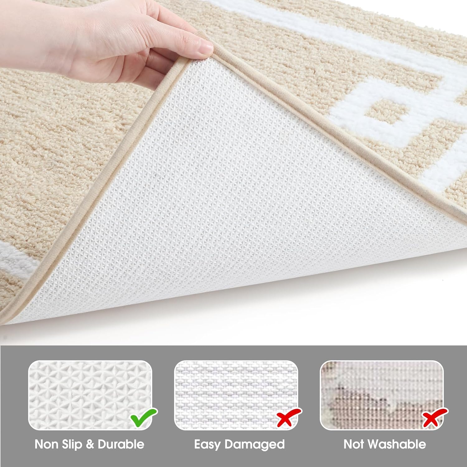 HOMEIDEAS Bathroom Runner Rugs, Soft and Water Absorbent Long Bath Mat, Non-Slip Fluffy Soft Plush Microfiber Carpet (Beige and White, 20x60)