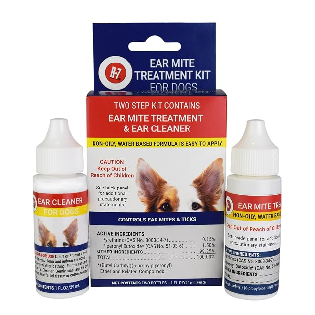 Miracle Care R7 Ear Mite Treatment and Ear Cleaner Kit for Dogs 1 Ounce Bottles of Each Controls