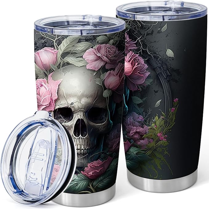 Skull & Rose Tumbler,Halloween Gifts for Gothic Lover,20oz Stainless Steel Cups with Lid Travel Mug Coffee Cup(Pack of 1)