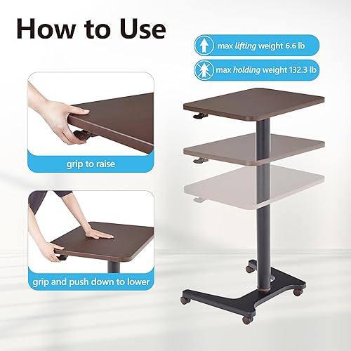 Miniatura 3 de Escritorio móvil de pie y sentado, escritorio neumático con ruedas ajustable en altura, pequeño, roble blanco